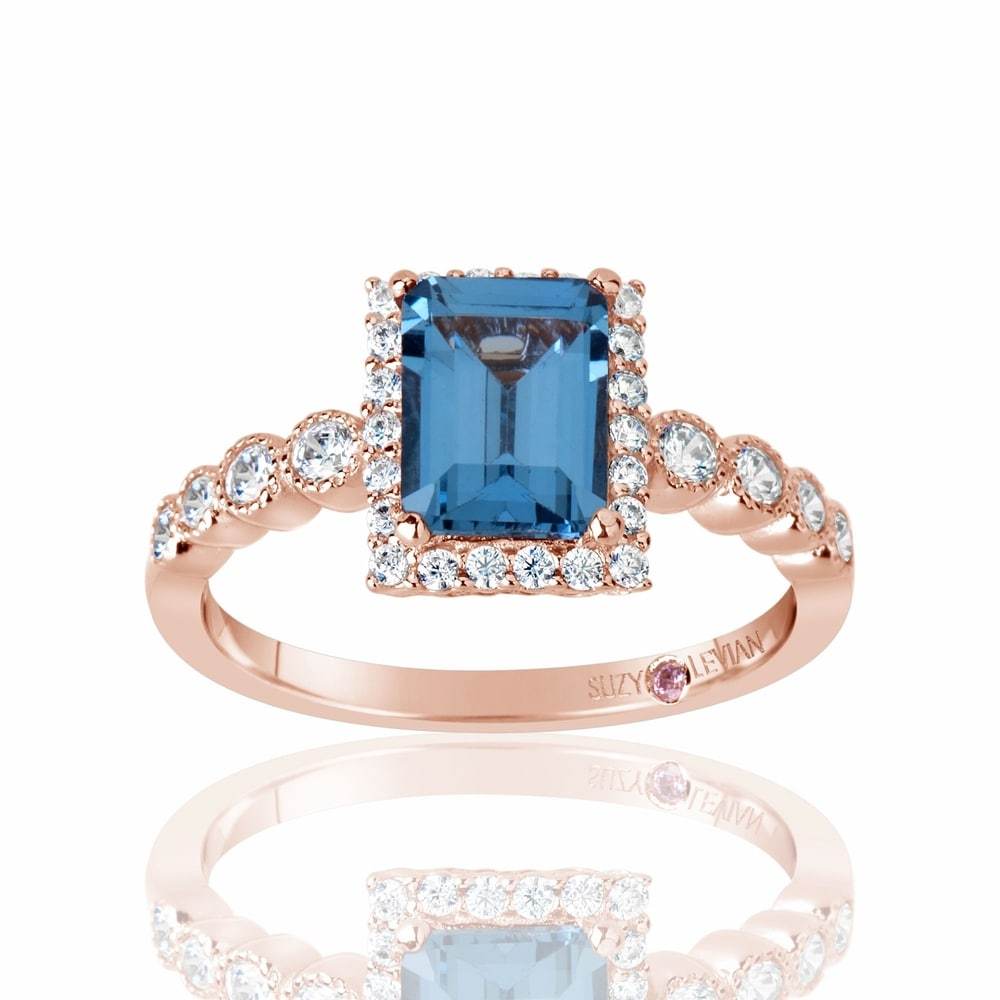 Suzy Levian Rose Sterling Silver Aqua & White Cubic Zirconia Ring