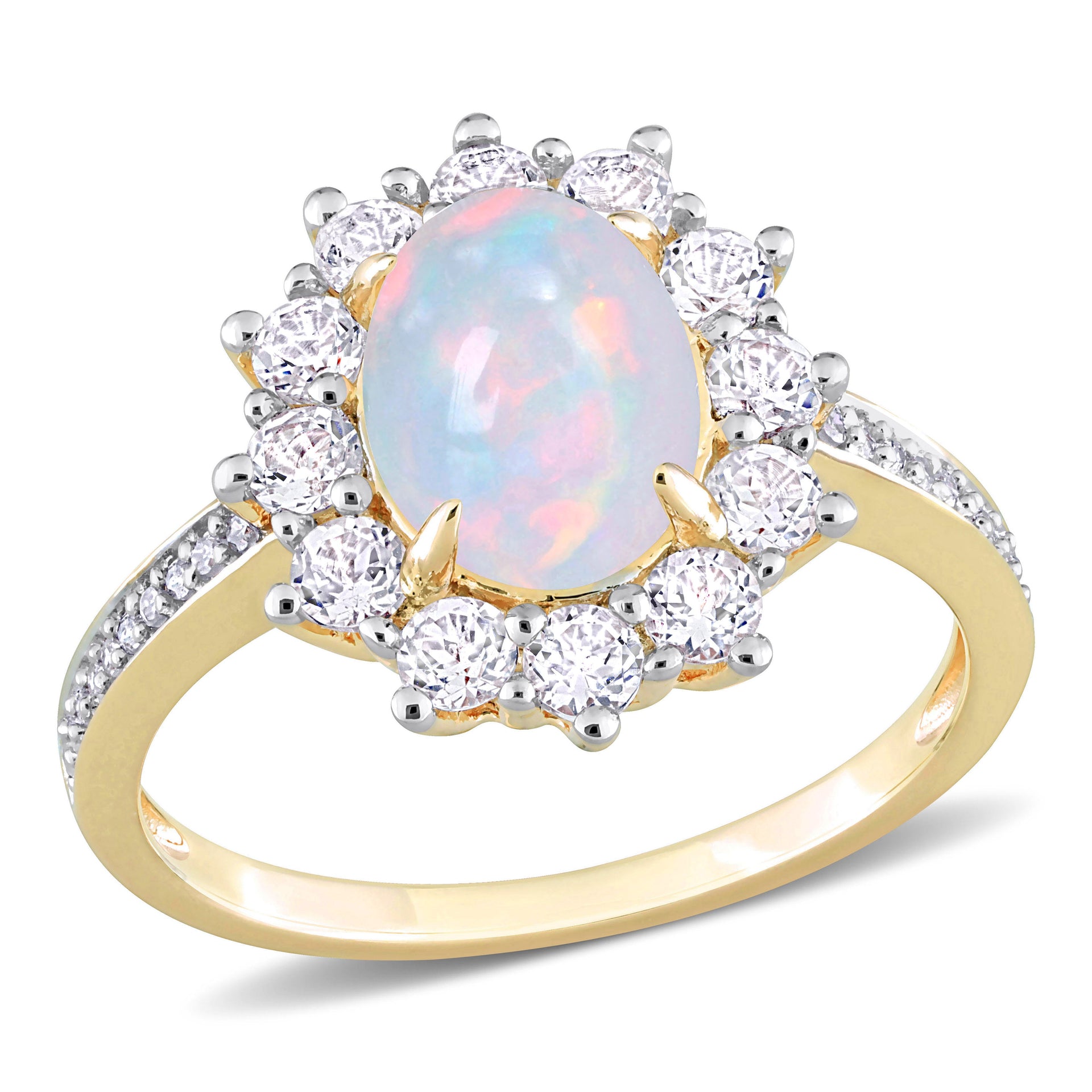 2 1/6 CT TGW Oval Shape Blue Ethiopian Opal and White Topaz and 1/10 CT TW Diamond Halo Ring in Yellow Plated Sterling Silver