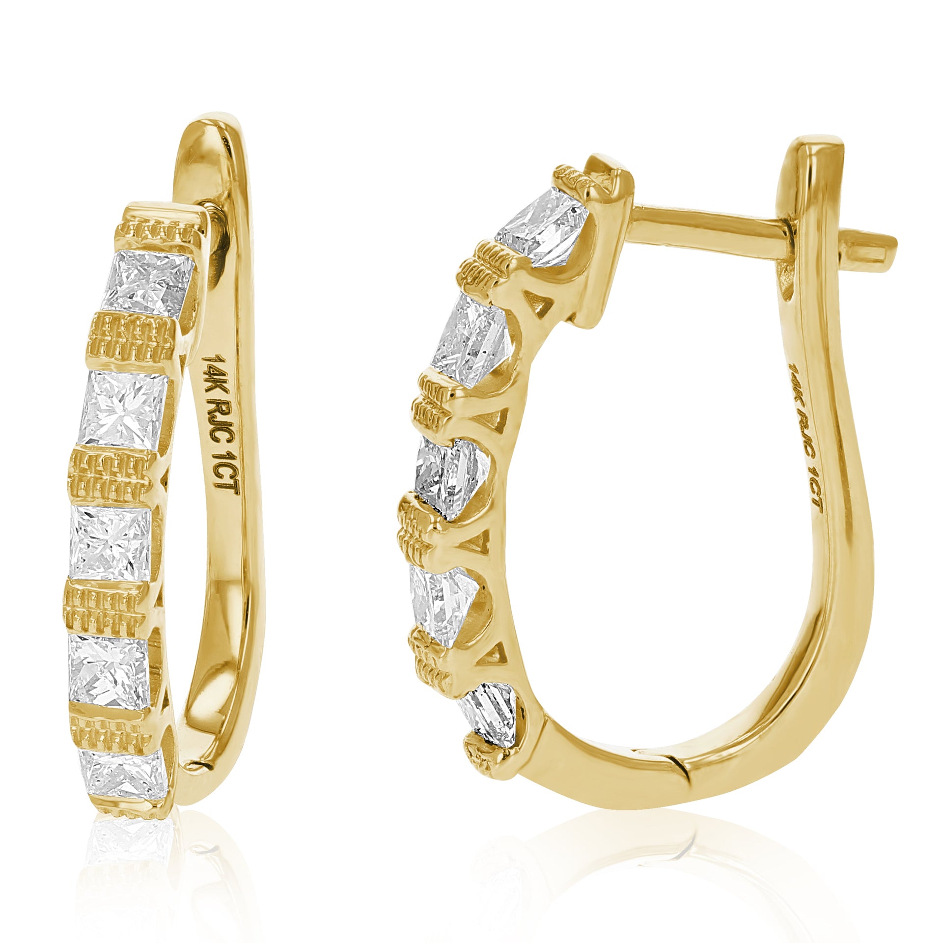 1 cttw Princess Diamond Hoop Earrings 14K Yellow Gold Milgrain Prong Set 3/4 Inch