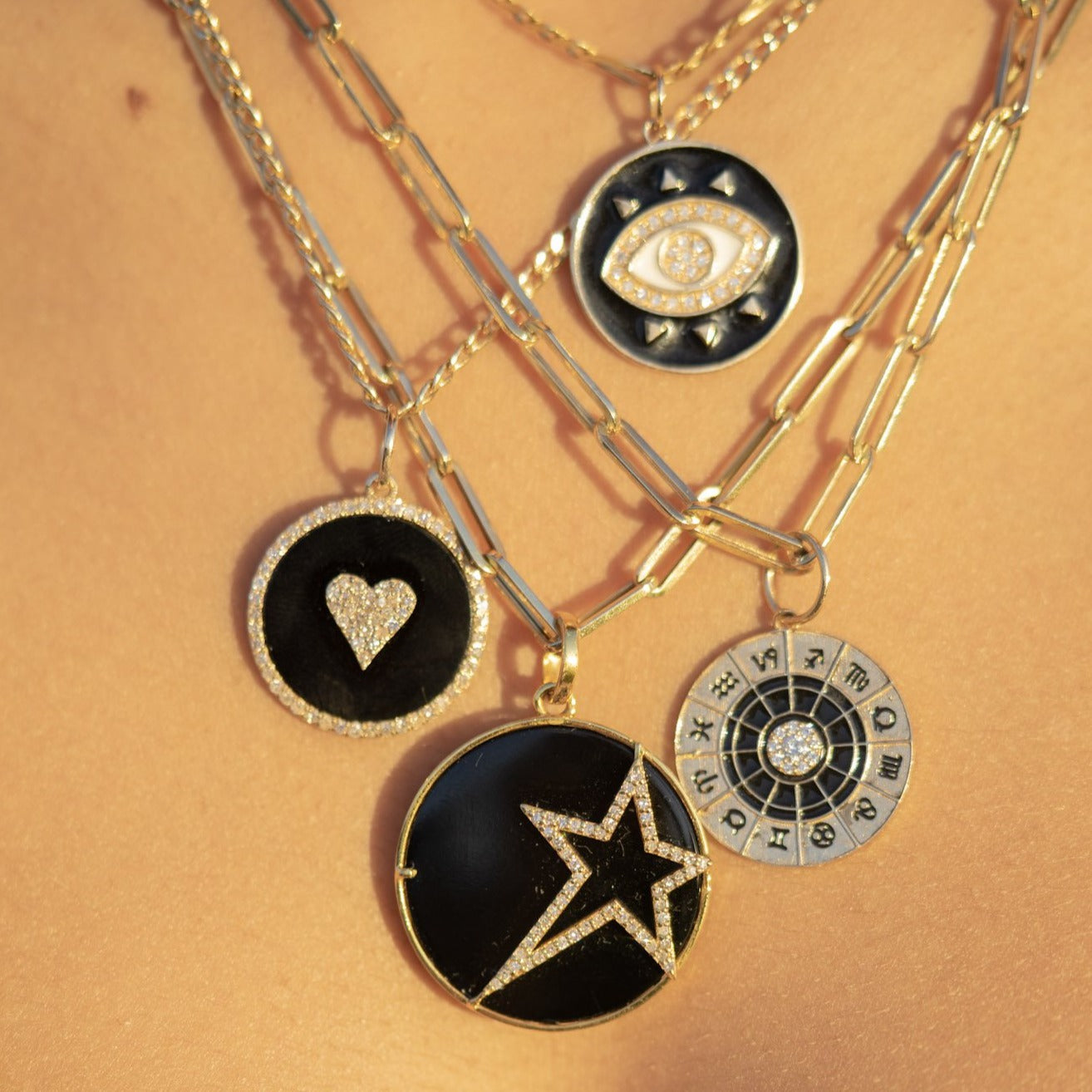 Gold Diamond Black Enamel Evil Eye Pendant