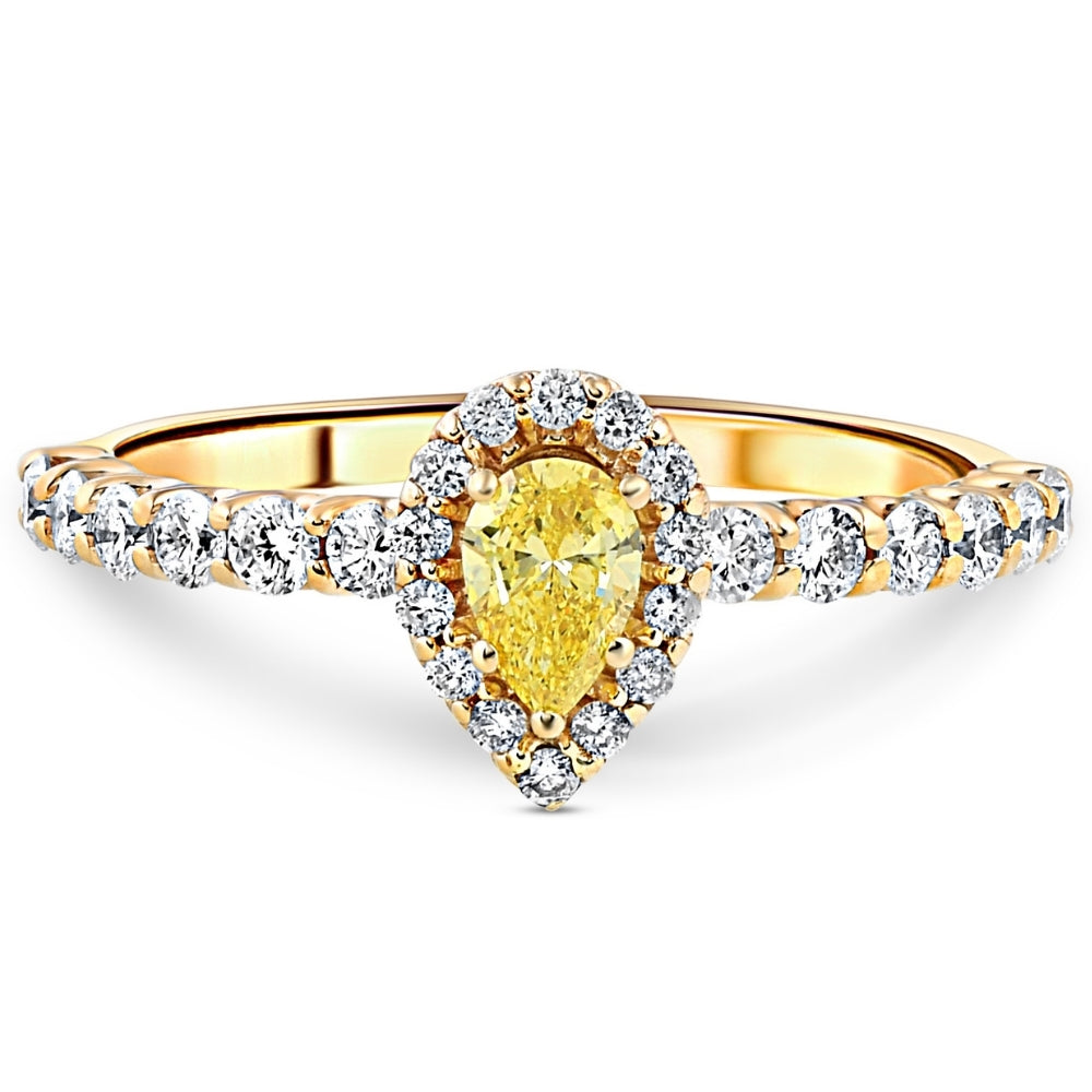 3/4 ct Fancy Yellow Pear Lab Grown Diamond Halo Engagement Ring Yellow Gold
