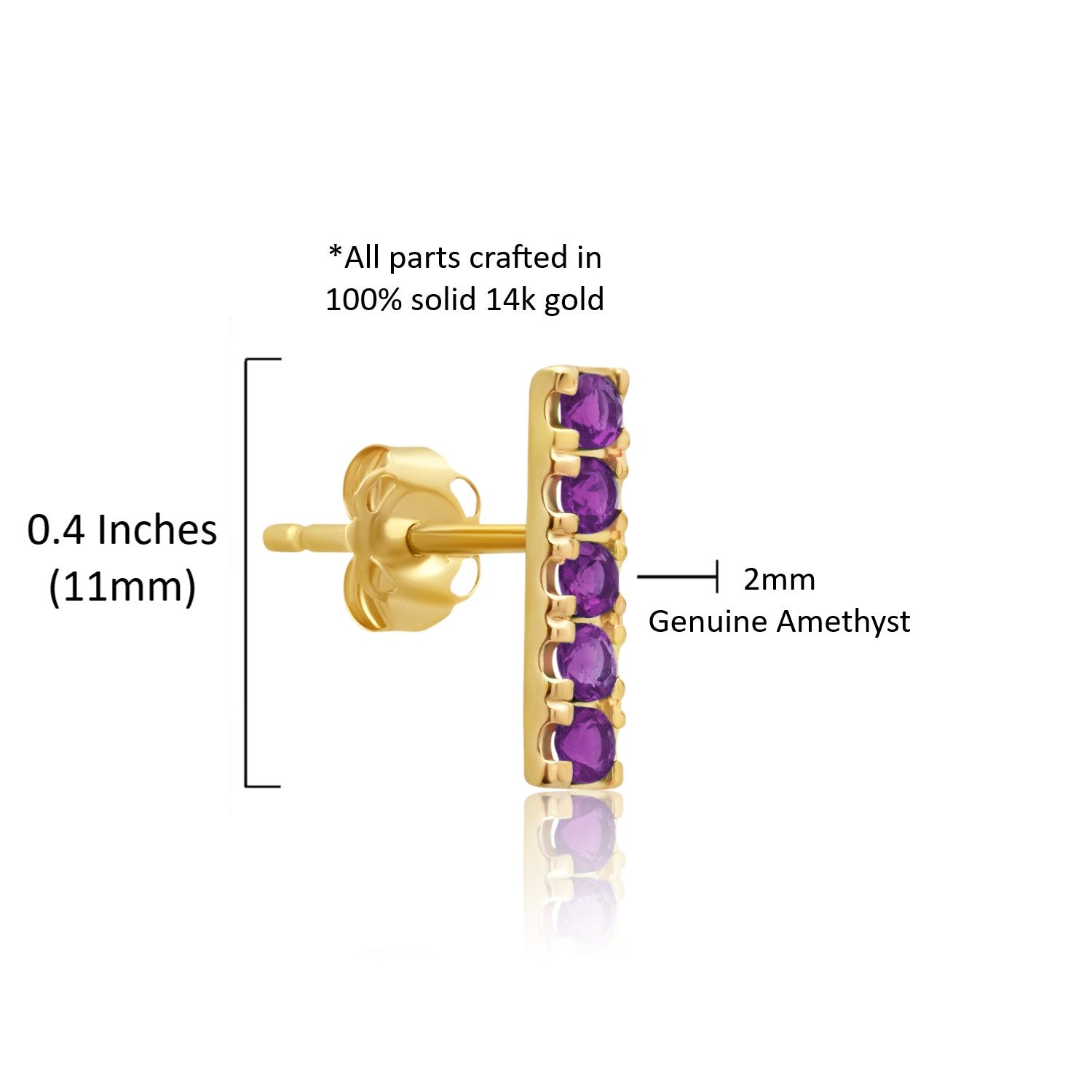 14k Yellow Gold Small 2mm Gemstone Bar Stud Earrings with Push Backs