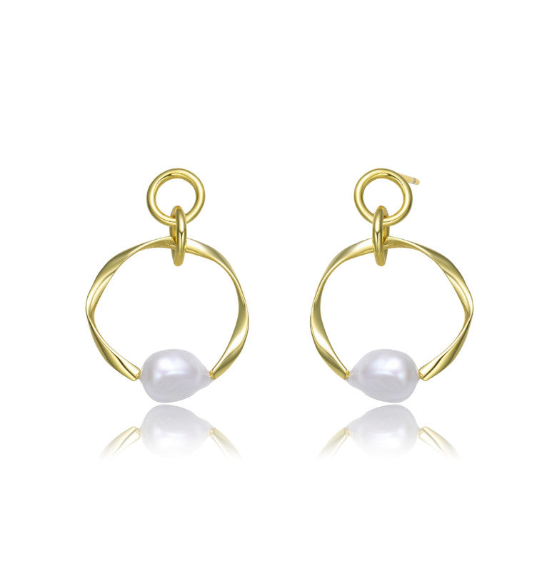 Sterling Silver 14K Gold Plated And Genuine Freshwater Pearl Round Dangling Earrings