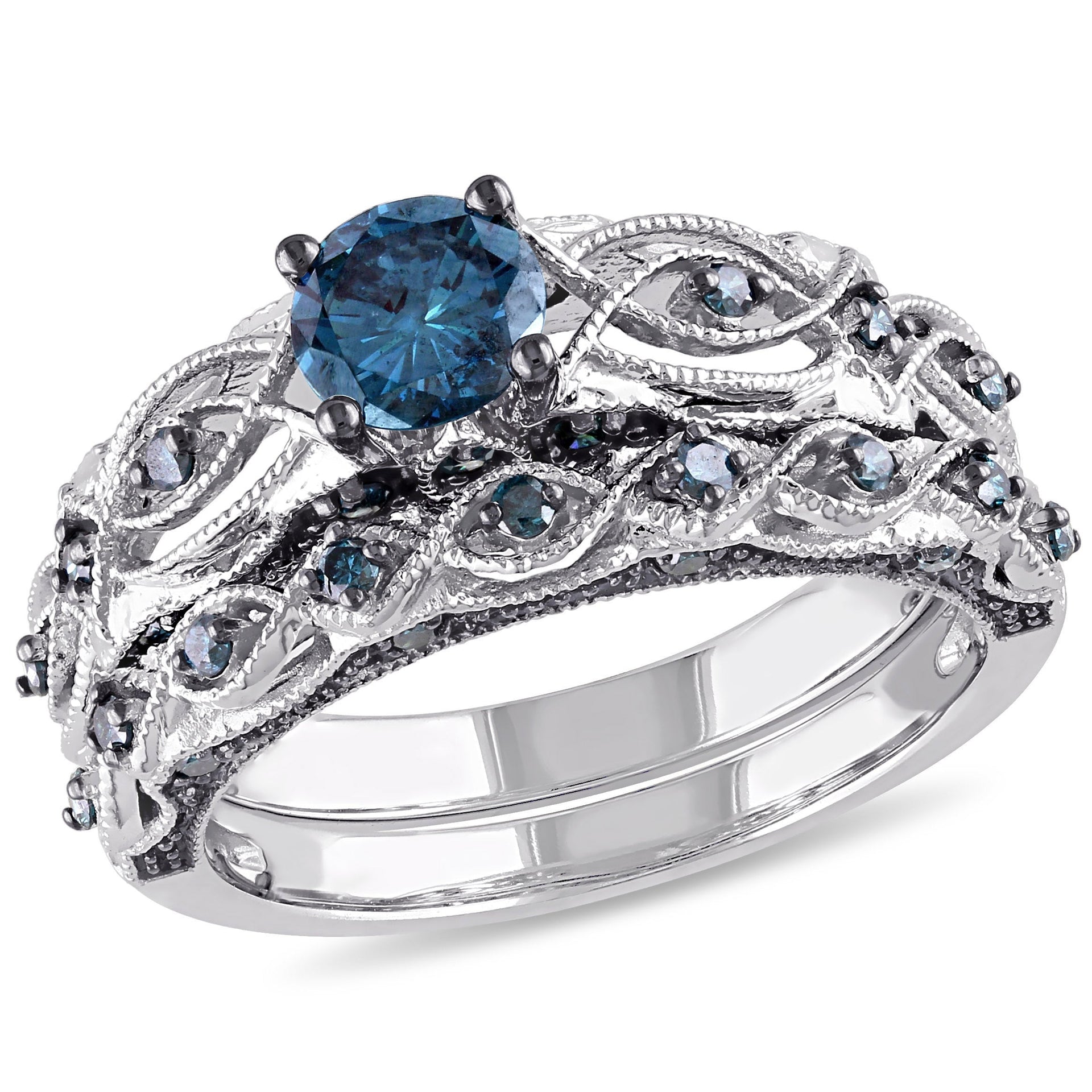 1ct TW Blue Diamond Bridal Set in 10k White Gold with Black Rhodium