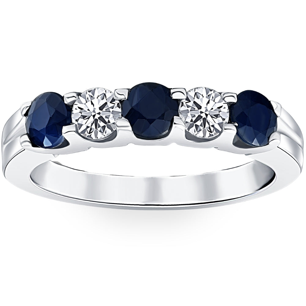 1 Ct Blue Sapphire Diamond Five Stone Wedding Anniversary Ring 14K White Gold