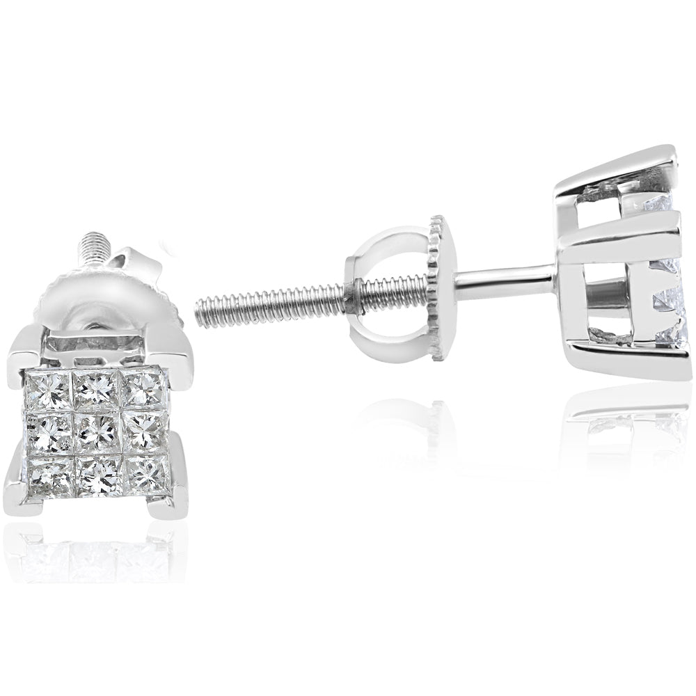 1/3ct Diamond Princess Cut Screw Back Studs Womens Earrings 10k White Gold 5.5mm