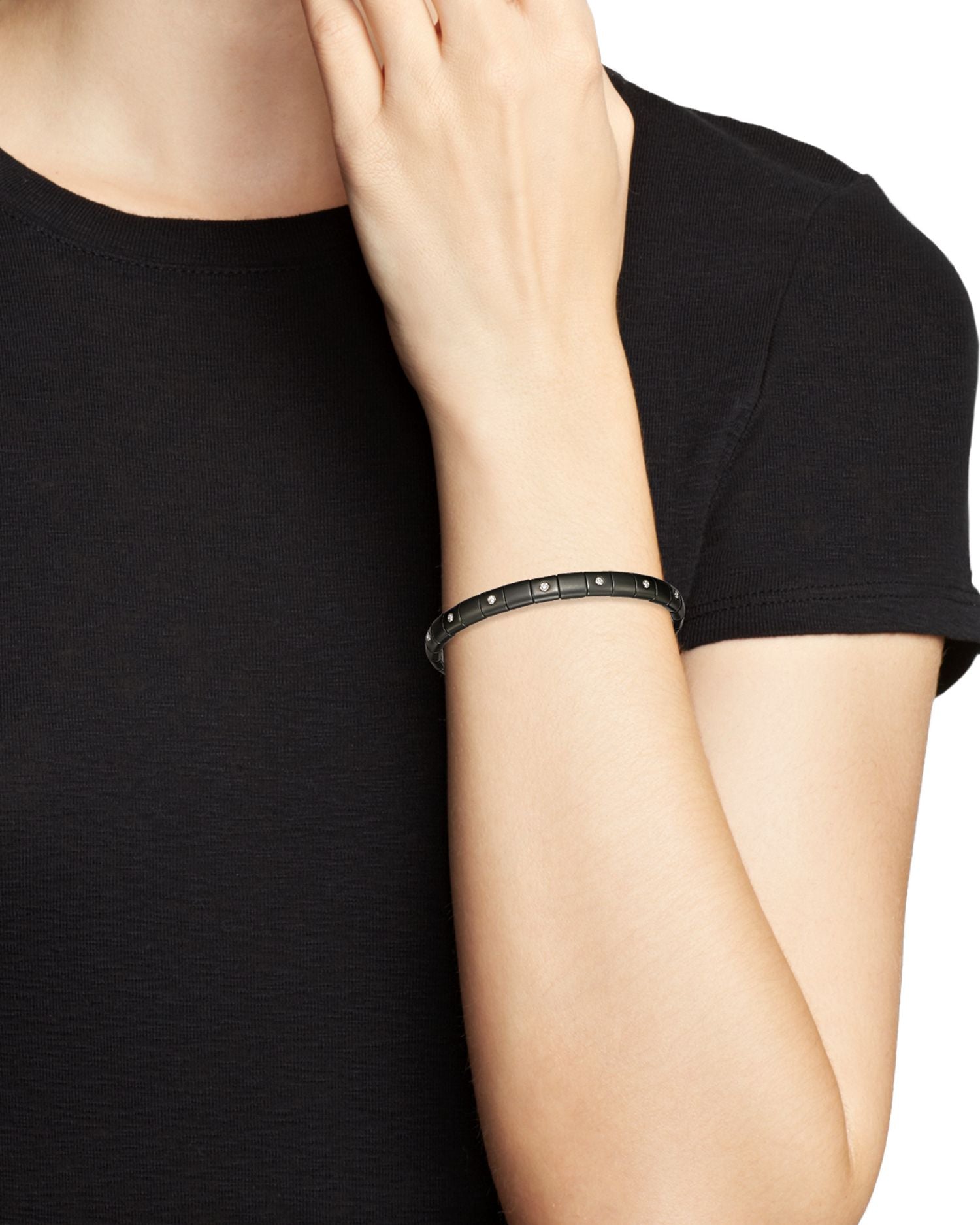 18K White Gold & Matte Black Ceramic Pura Stretch Bracelet with Alternating Diamond Bezels