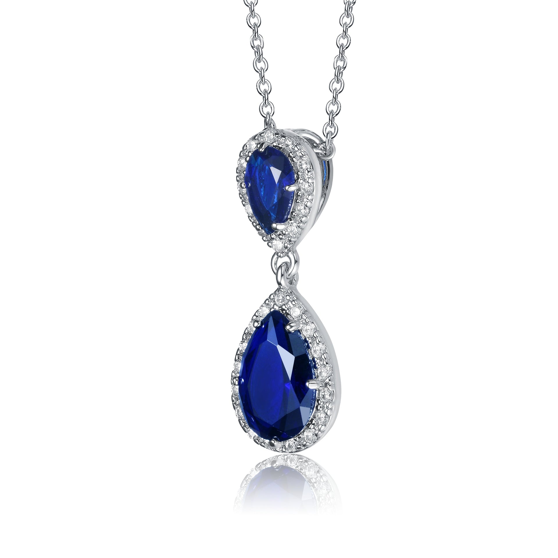 Sterling Silver With Rhodium Plated Two Sapphire Blue Pear With Round Cubic Zirconia Halo Drop Necklace