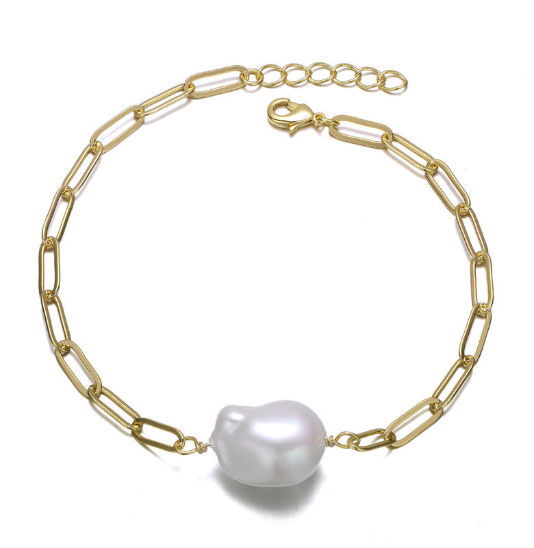 Sterling Silver 14k Gold Plated with White Freshwater Pearl Paperclip Link Bracelet