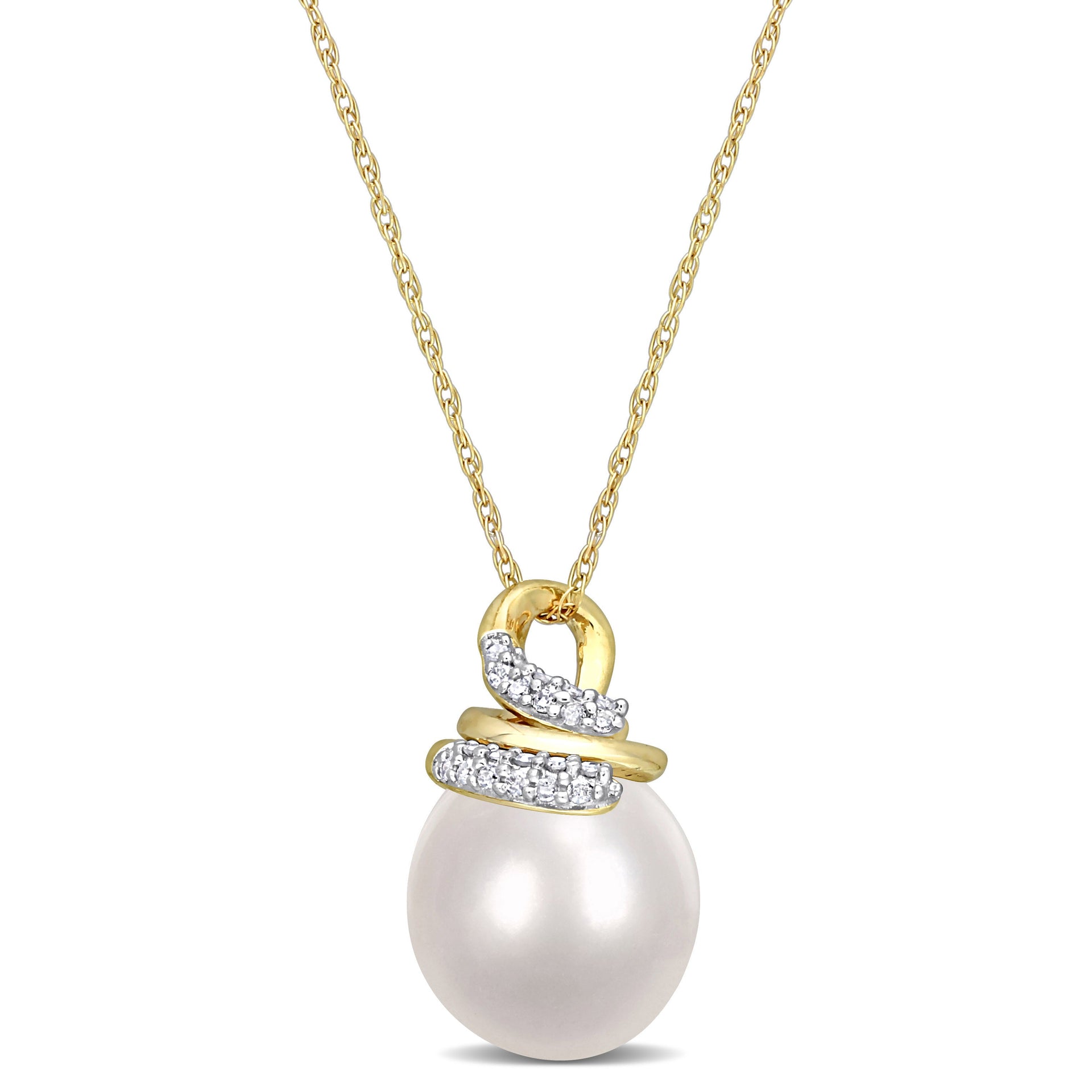 9-10mm South Sea Cultured Pearl and 1/10ct TW Diamond Wrap Pendant with Chain in 10k Yellow Gold