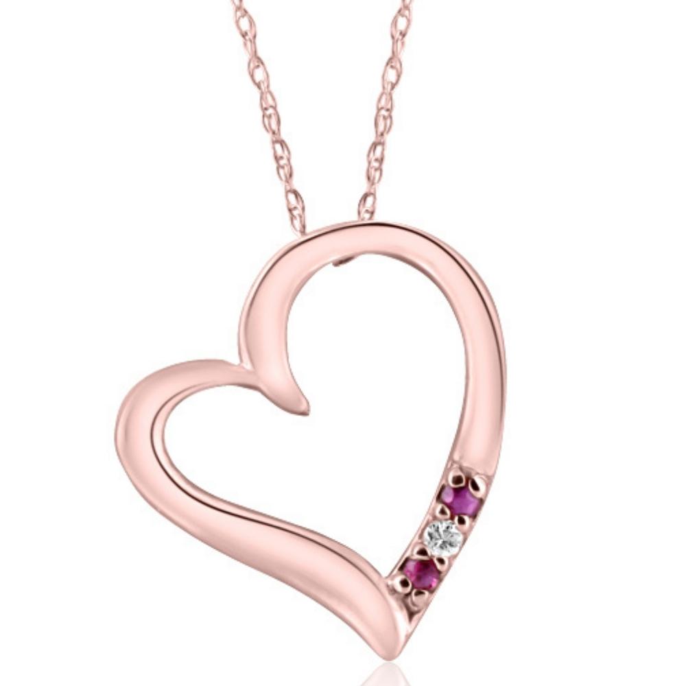 Diamond & Ruby Heart Pendant 3-Stone Rose Gold with 18' Chain