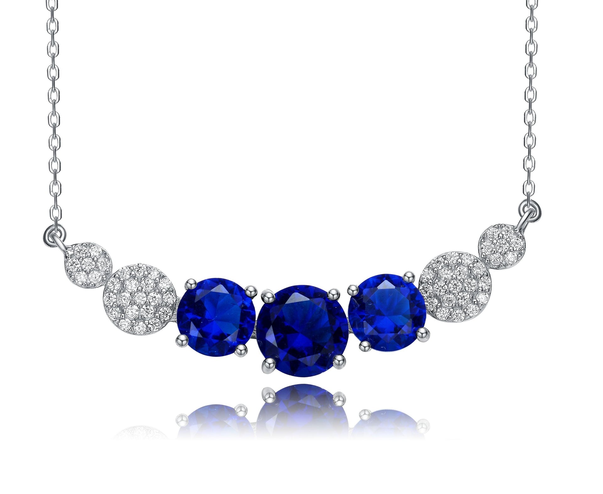Sterling Silver with Blue Sapphire & Diamond Cubic Zirconia Chevron Pendant Necklace