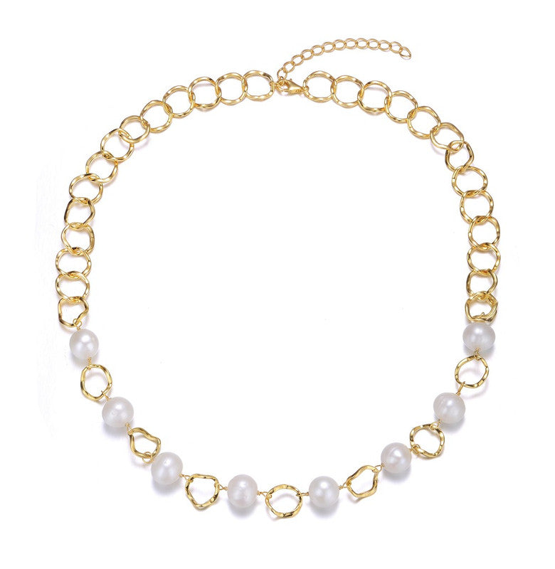 Sterling Silver 14k Gold Plated Genuine Freshwater Pearl Link Necklace