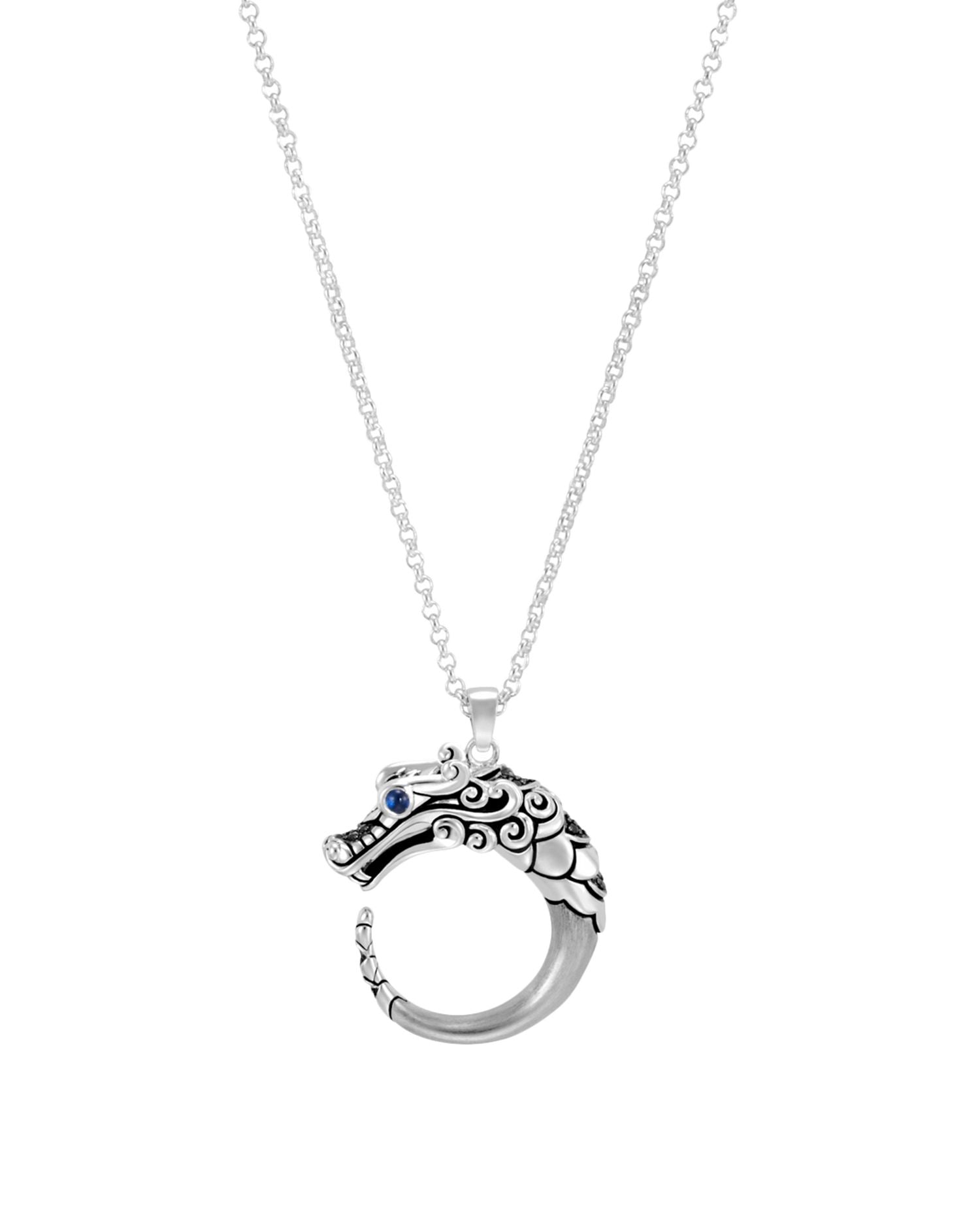 Brushed Sterling Silver Naga Pendant Necklace with Black Sapphire, Black Spinel and Blue Sapphire Eyes, 16'