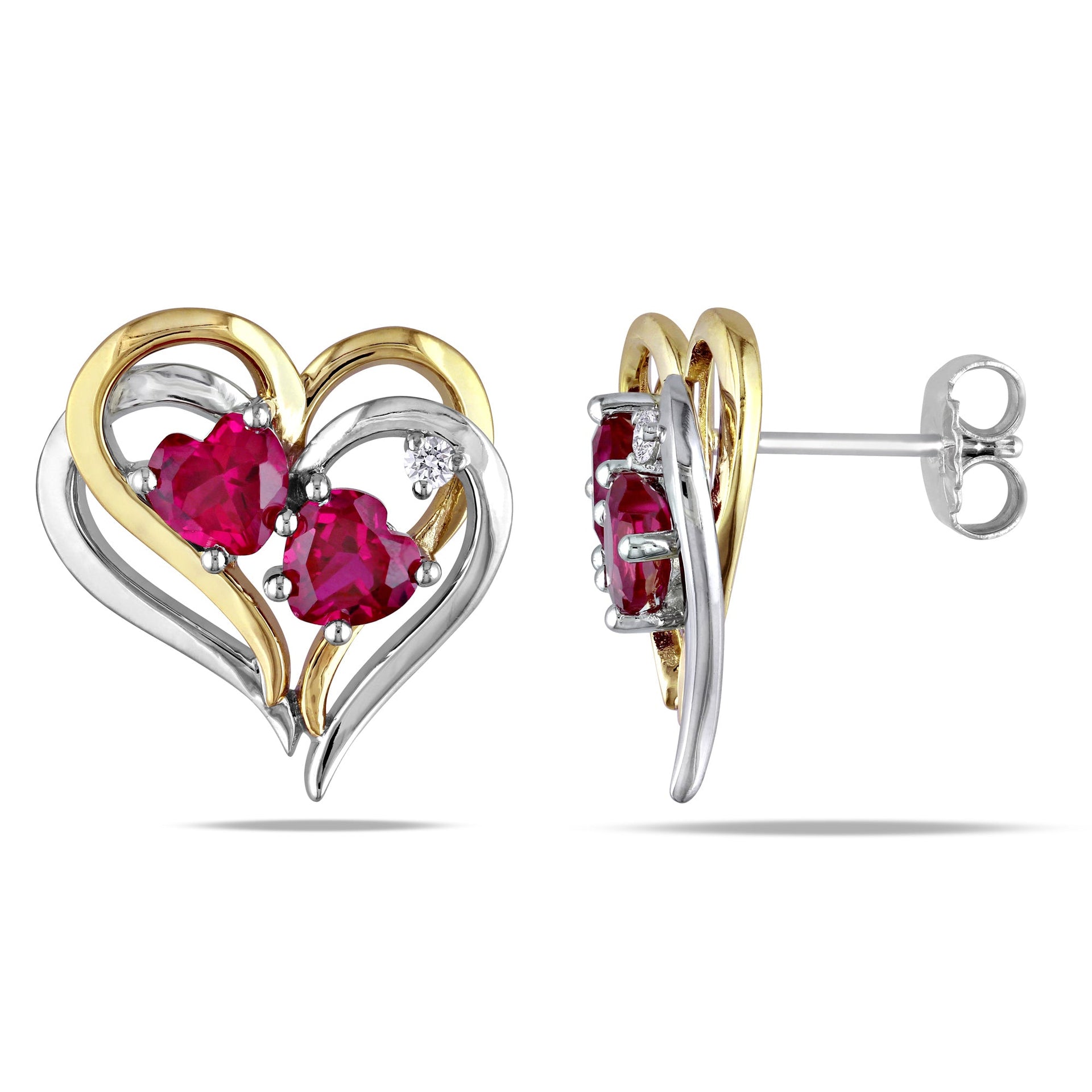 Mimi & Max 2 1/3ct TGW Created Ruby and Diamond Accetn Heart Earrings in Two-tone Silver