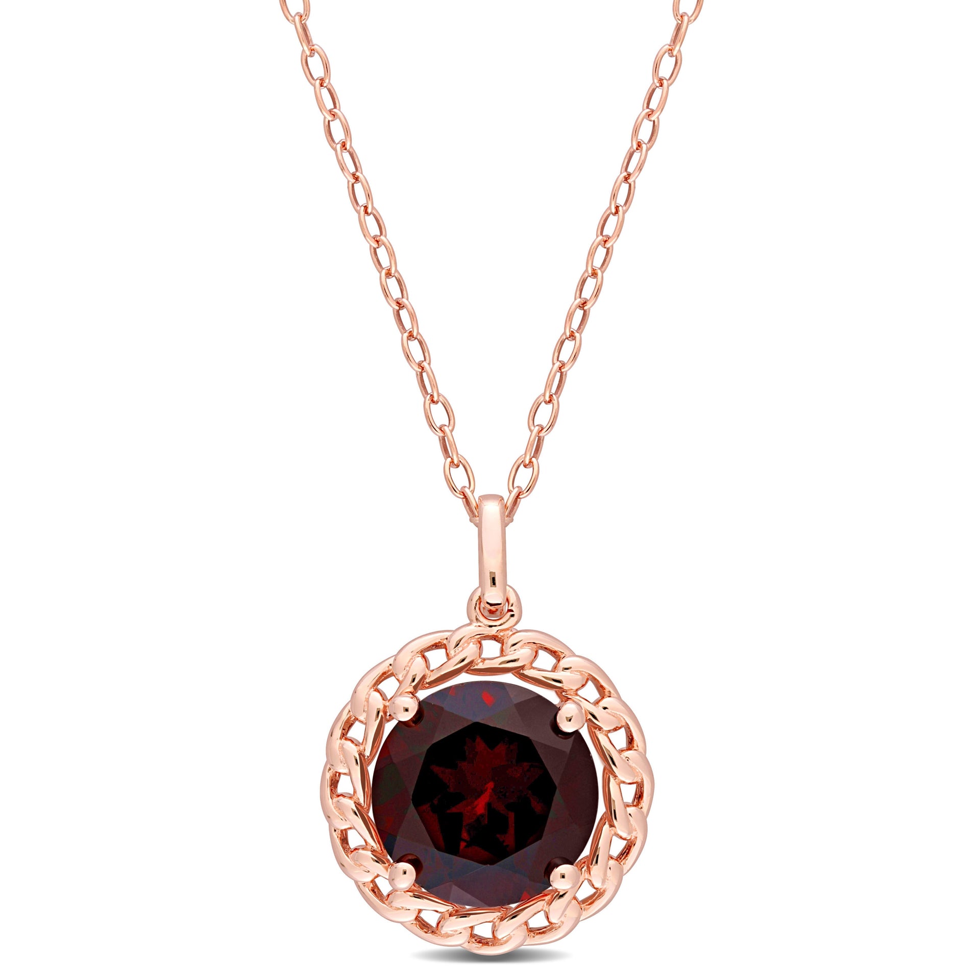 3 CT TGW Garnet Halo Pendant with Chain in Rose Plated Sterling Silver