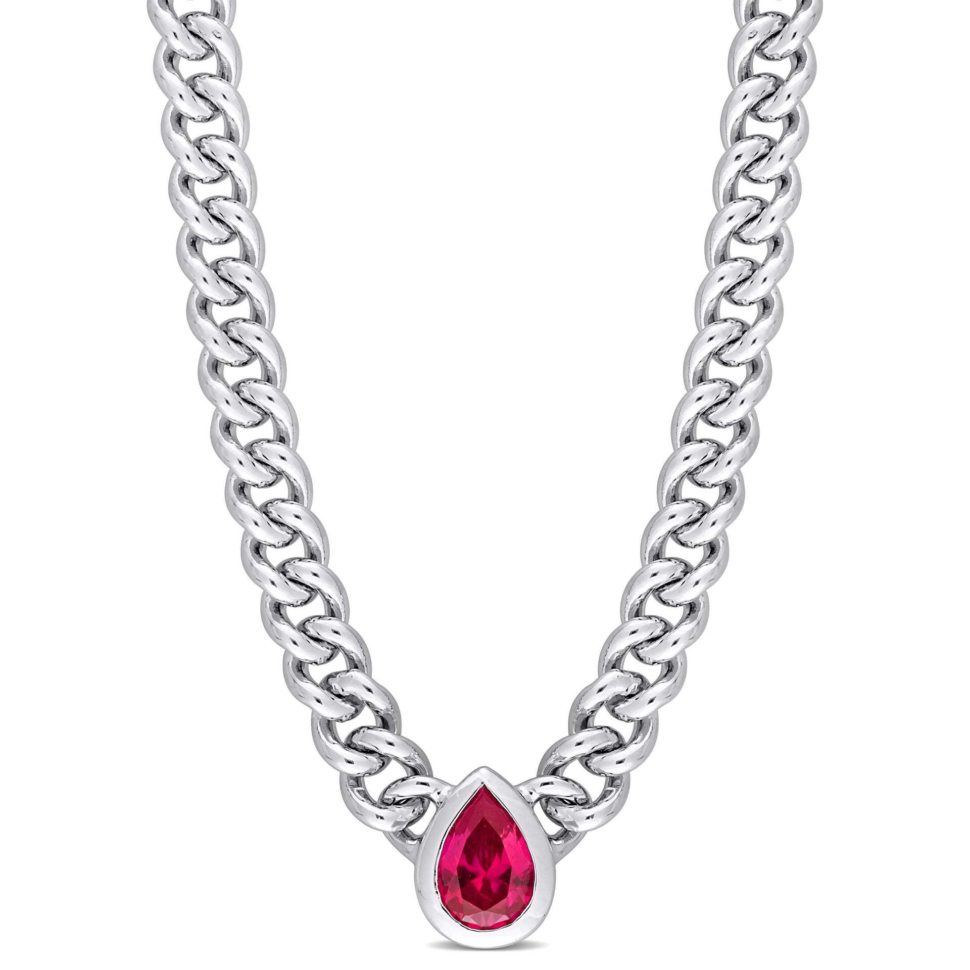 Mimi & Max 1 1/7 CT TGW Pear Created Ruby Curb Link Chain Necklace in Sterling Silver