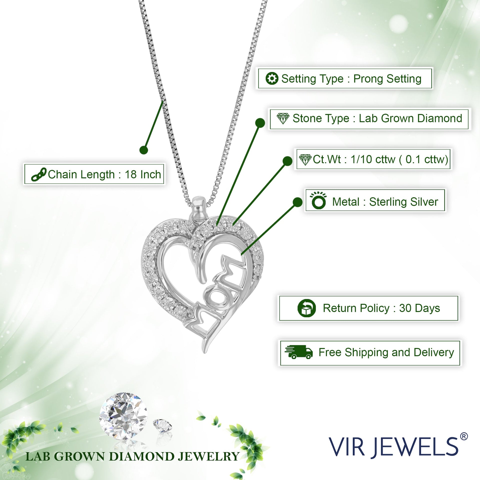 1/10 cttw Lab Grown Diamond MOM Pendant Necklace .925 Sterling Silver 3/4 Inch With 18 Inch Chain