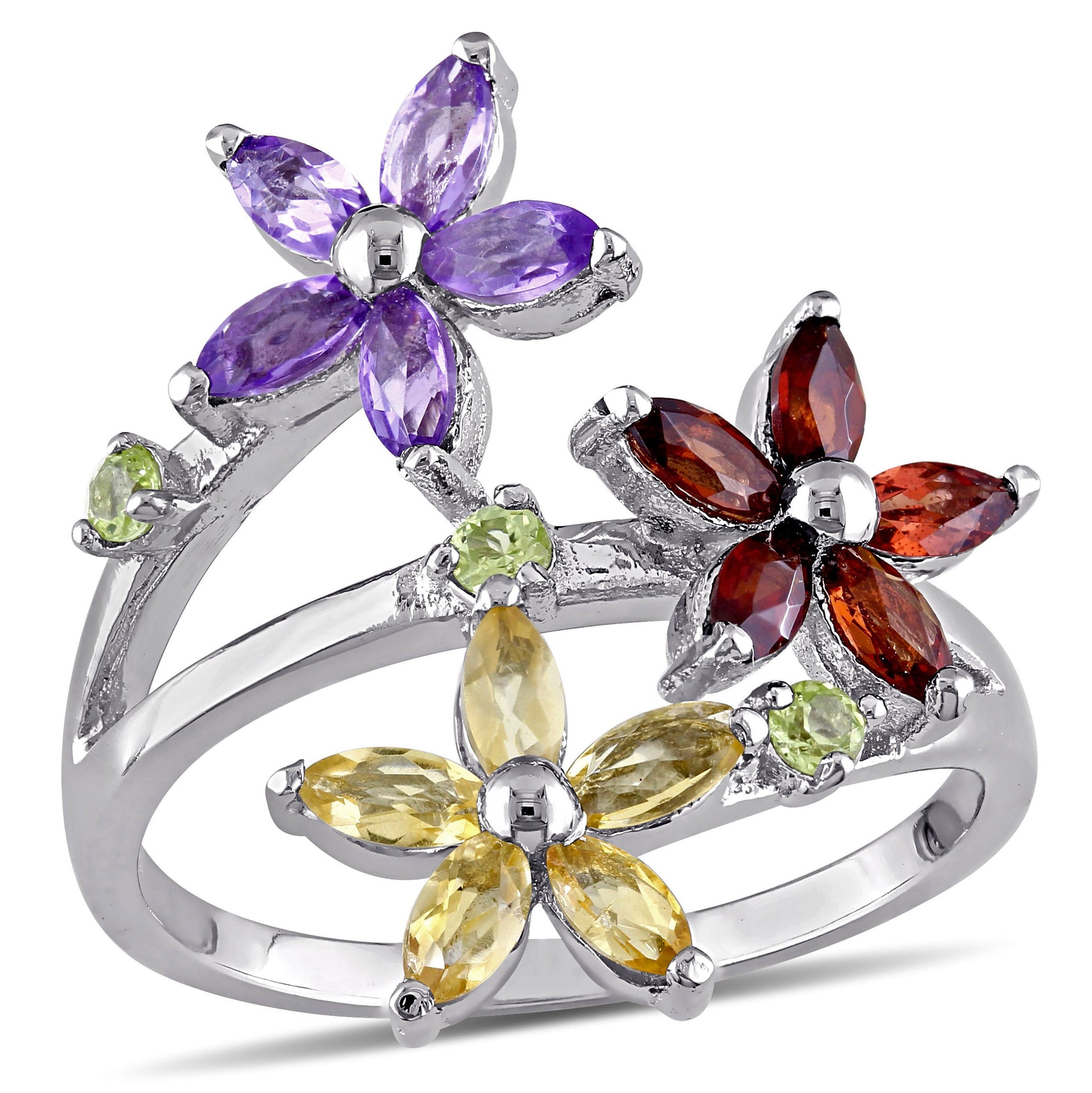 Multi Gemstone Triple Flower Ring in Sterling Silver