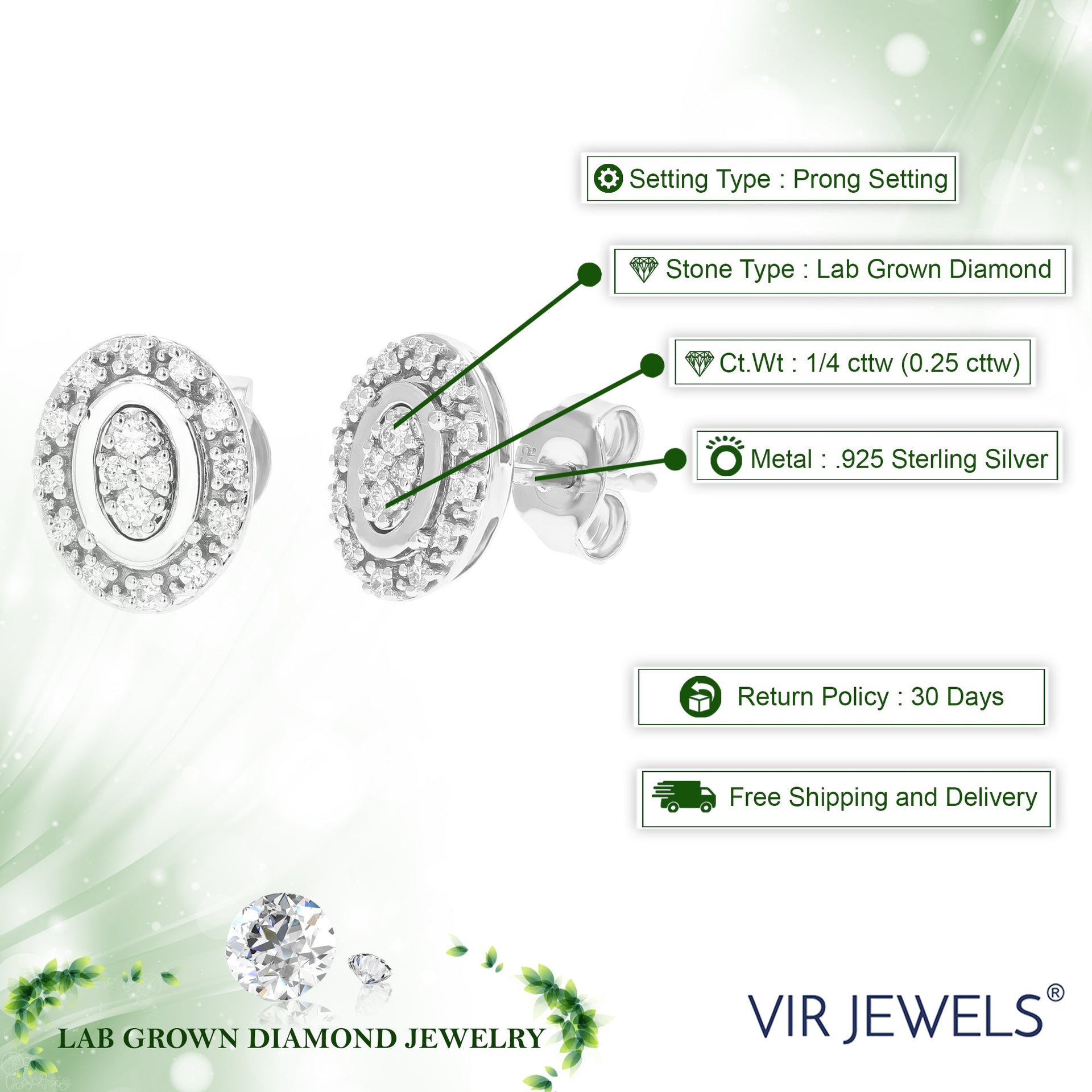 1/4 cttw Round Lab Grown Diamond Studs Earrings .925 Sterling Silver Prong Set 1/3 Inch