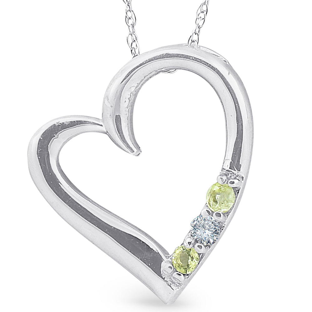 Diamond & Peridot Heart Pendant 3-Stone 10K White Gold with 18' Chain