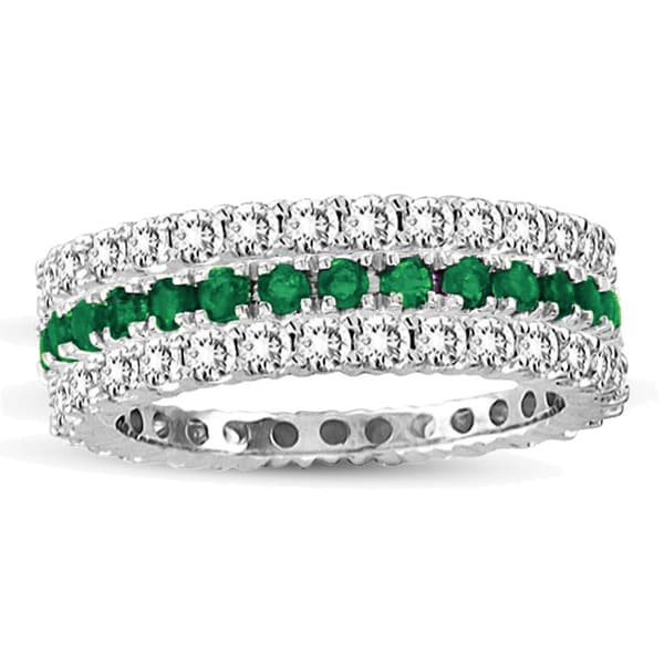 Suzy Levian 14k White Gold Emerald Diamond 3-piece Eternity Band Ring Set