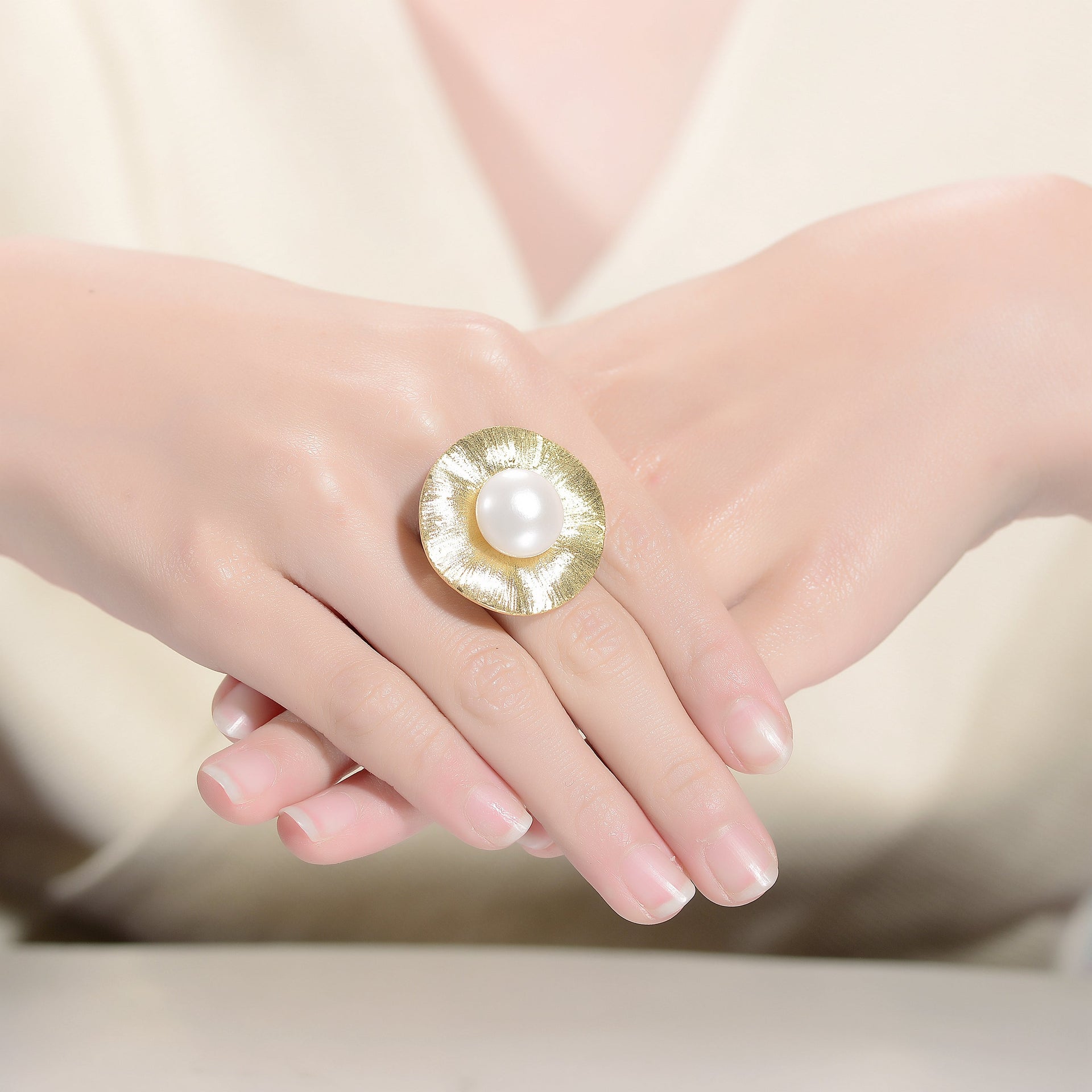 Sterling Silver Gold Plated with Freshwater Pearl Floral Ring