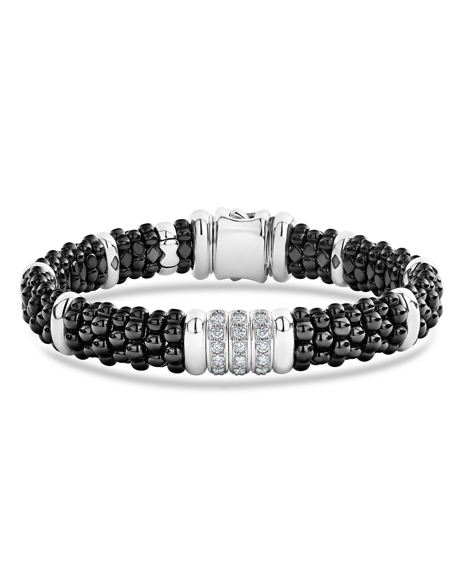 Sterling Silver Black Caviar Collection Pavé Diamond & Black Ceramic Station Bracelet