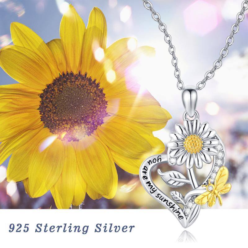 Sterling Silver Two-tone Dragonfly & Sunflower Heart Necklace with Engraved Word