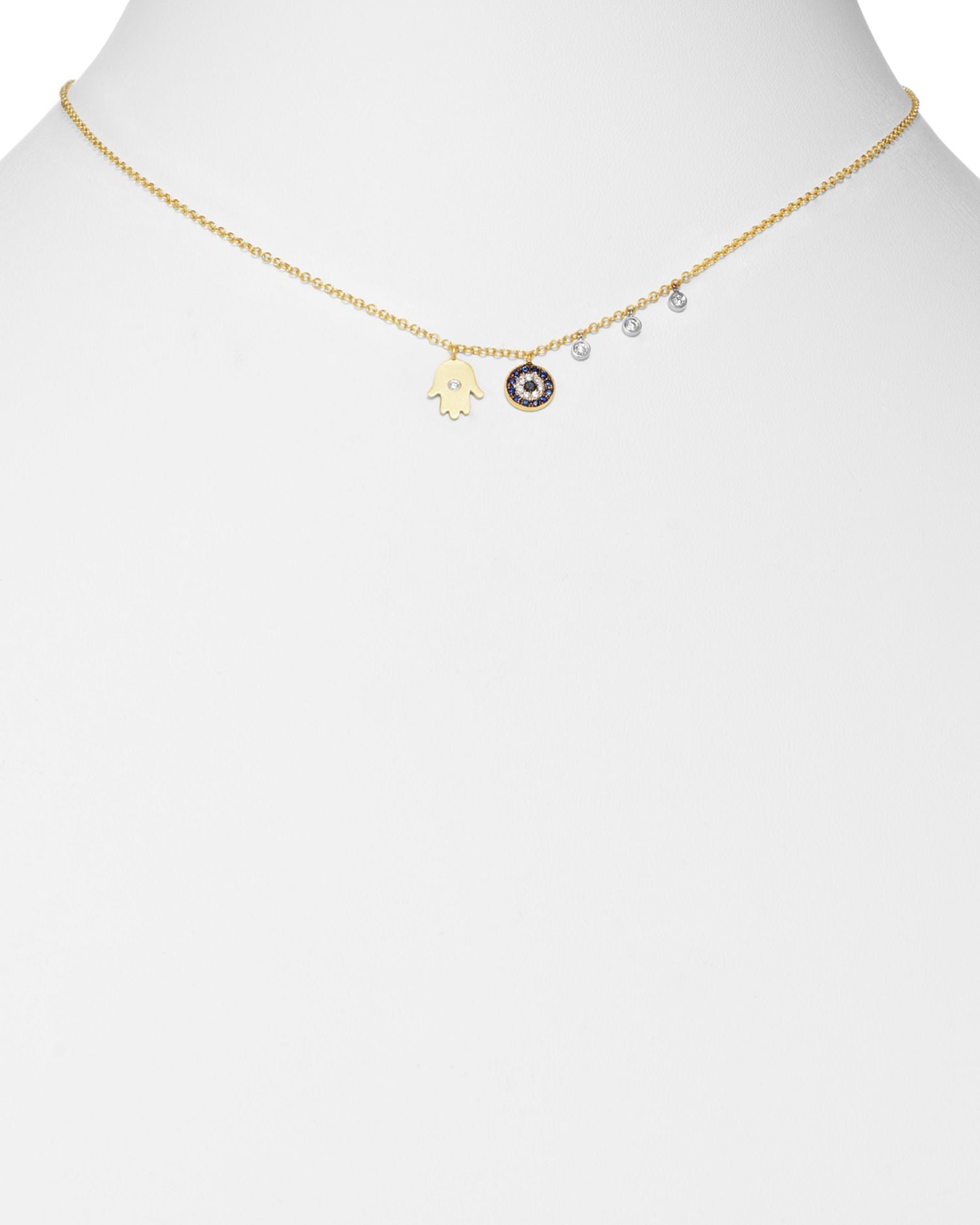Diamond Hamsa 14K Yellow Gold Evil Eye Necklace, 16'
