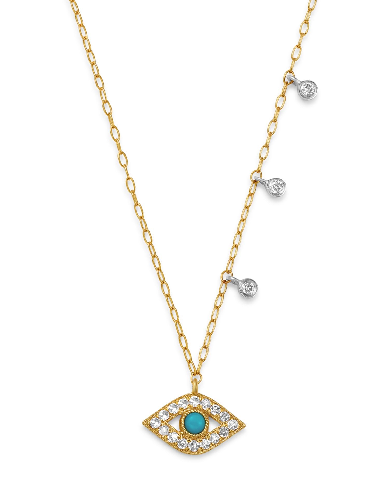 14K Yellow Gold & 14K White Gold Diamond & Turquoise Evil Eye Adjustable Pendant Necklace, 18'