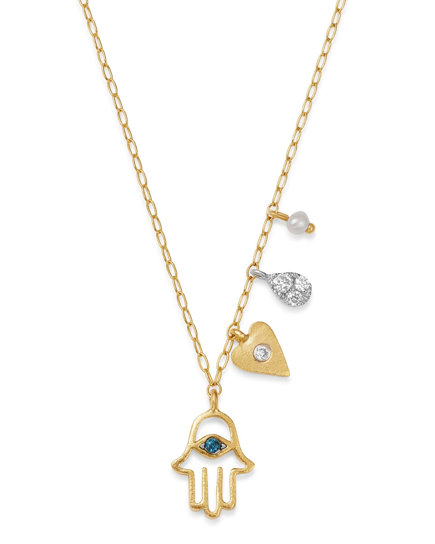 14K Yellow Gold & 14K White Gold Diamond & Cultured Freshwater Seed Pearl Hamsa & Heart Charm Adjustable Pendant Necklace, 18'