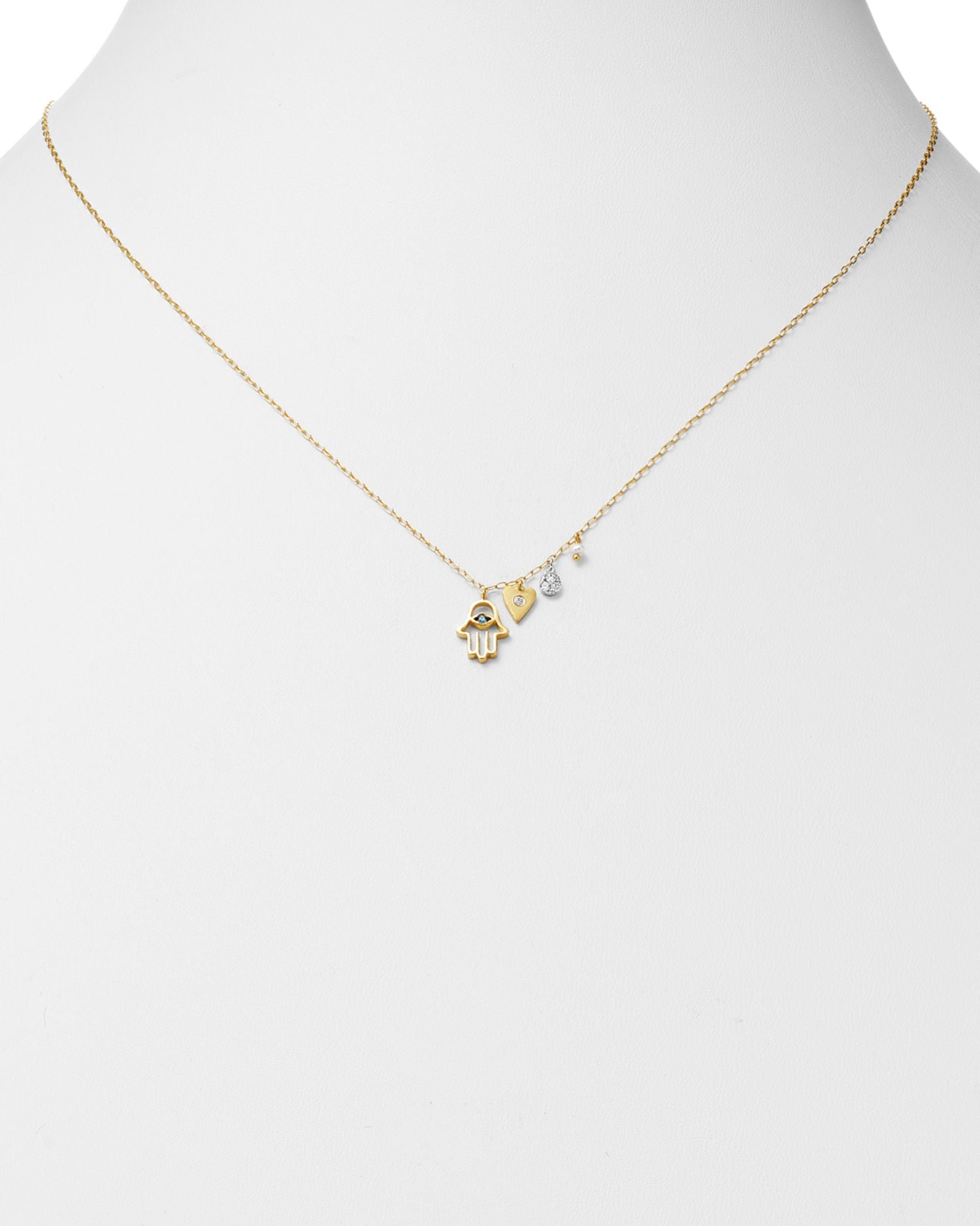 14K Yellow Gold & 14K White Gold Diamond & Cultured Freshwater Seed Pearl Hamsa & Heart Charm Adjustable Pendant Necklace, 18'
