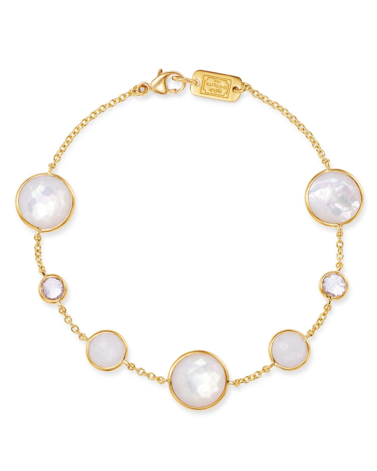 18K Yellow Gold Lollipop Clear Quartz, White Moonstone & Clear Quartz over Mother-Of-Pearl Seven-Stone Link Bracelet