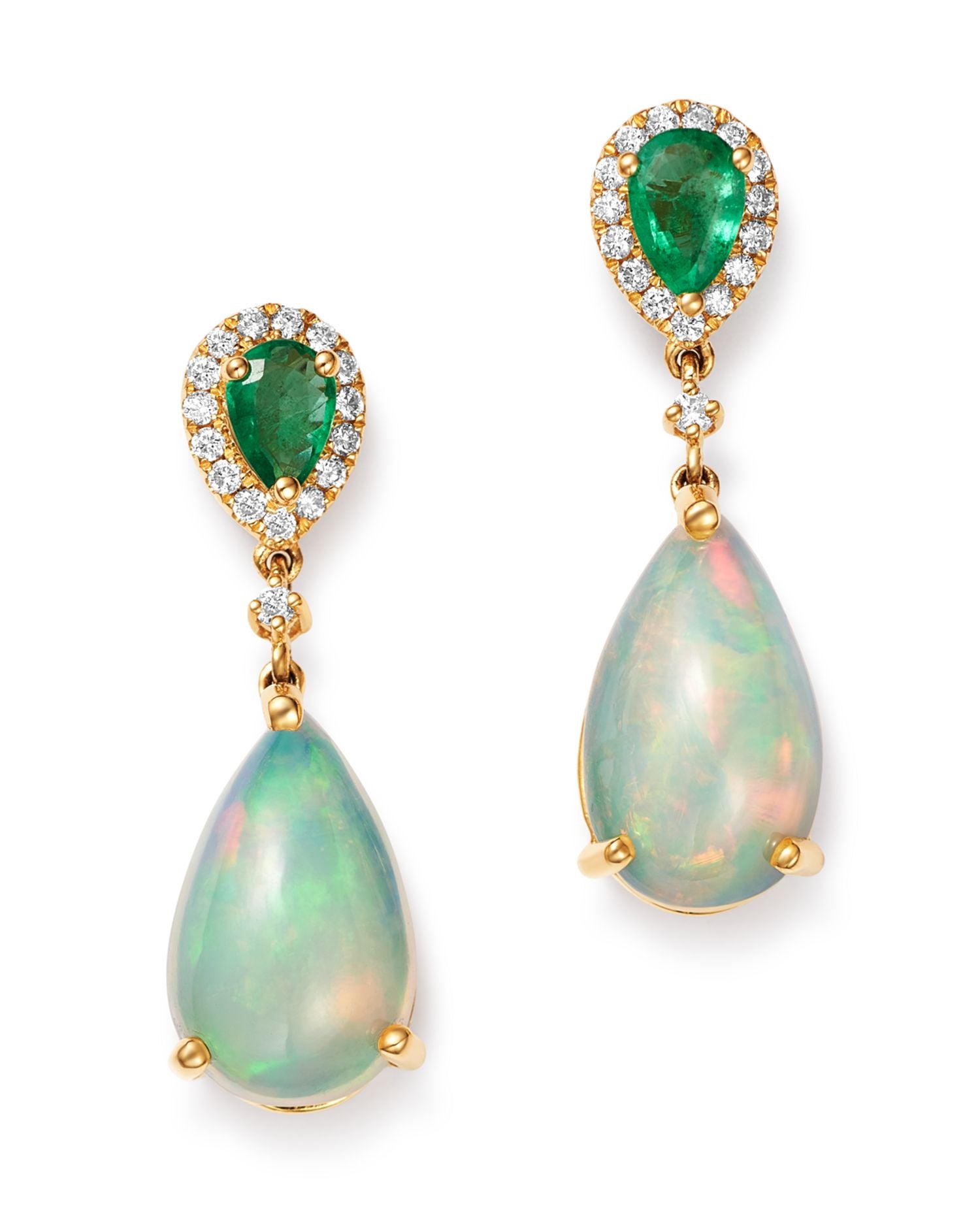 Ethiopian Opal, Emerald & Diamond Teardrop Drop Earrings in 14K Yellow Gold - Exclusive