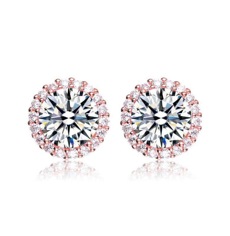 GENEVIVE Sterling Silver Rose Gold Plated Cubic Zirconia Button Stud Earrings