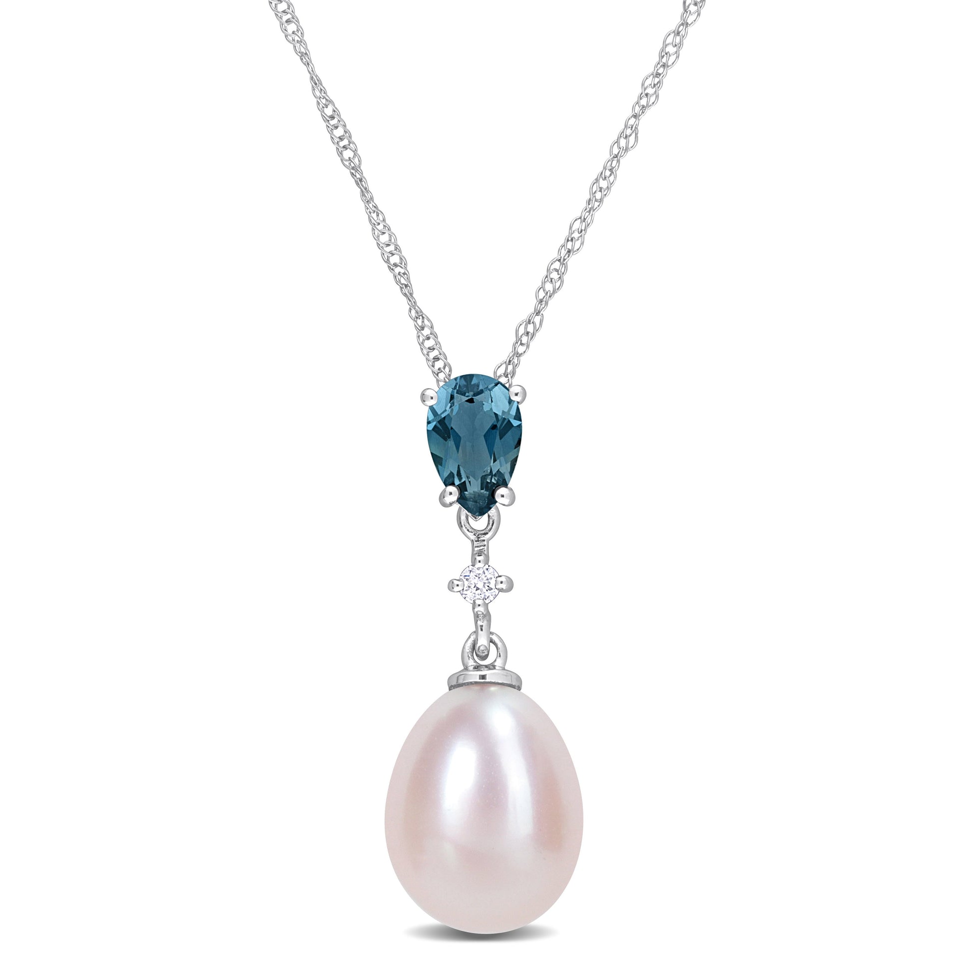 8-8.5mm Rice-Shape Pink Cultured Freshwater Pearl 1/2 ct TW London-Blue Topaz and Diamond Accent Necklace in 10k White Gold