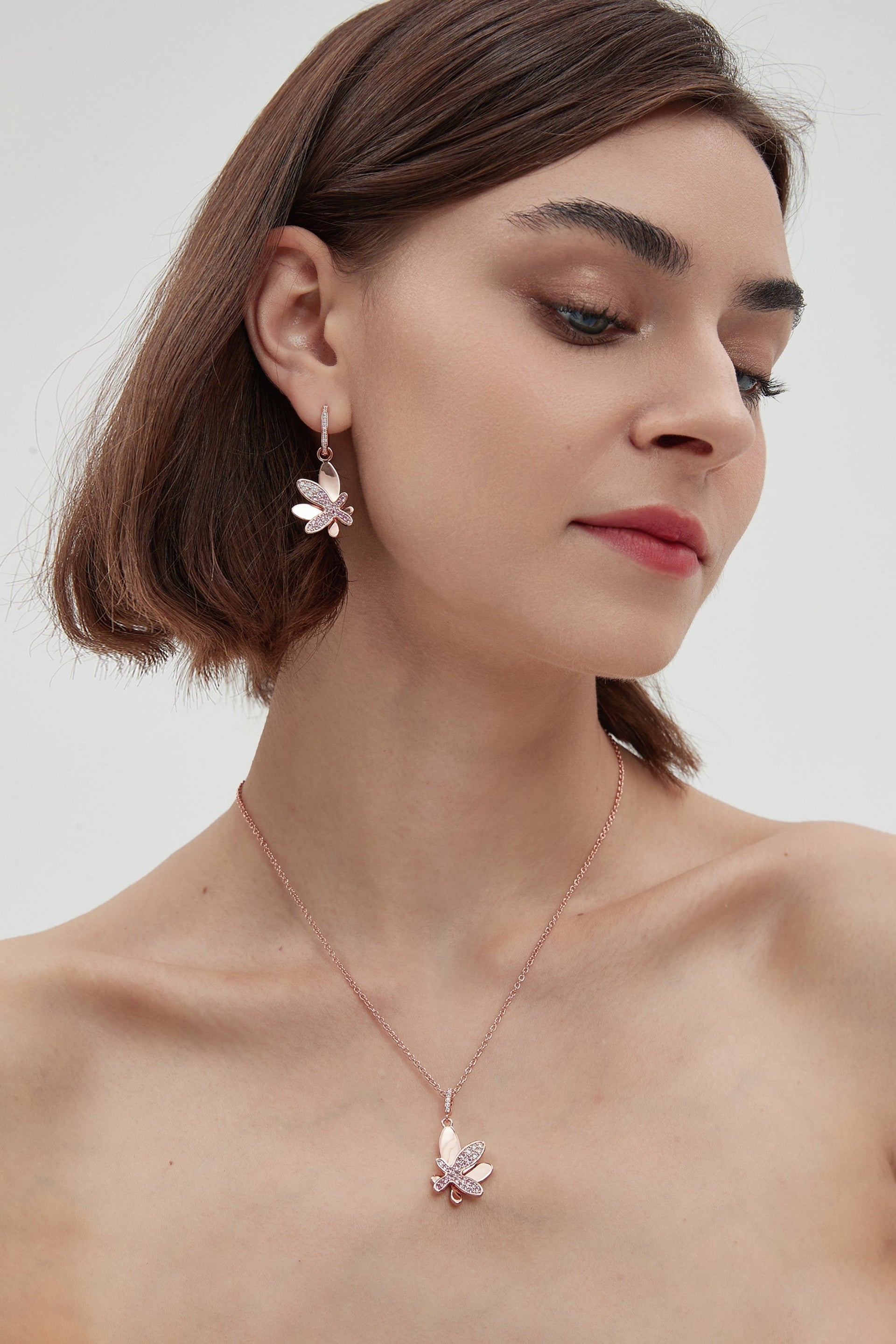 Rose Gold Gradient Pink Pavé Diamond Butterfly Pendant Necklace