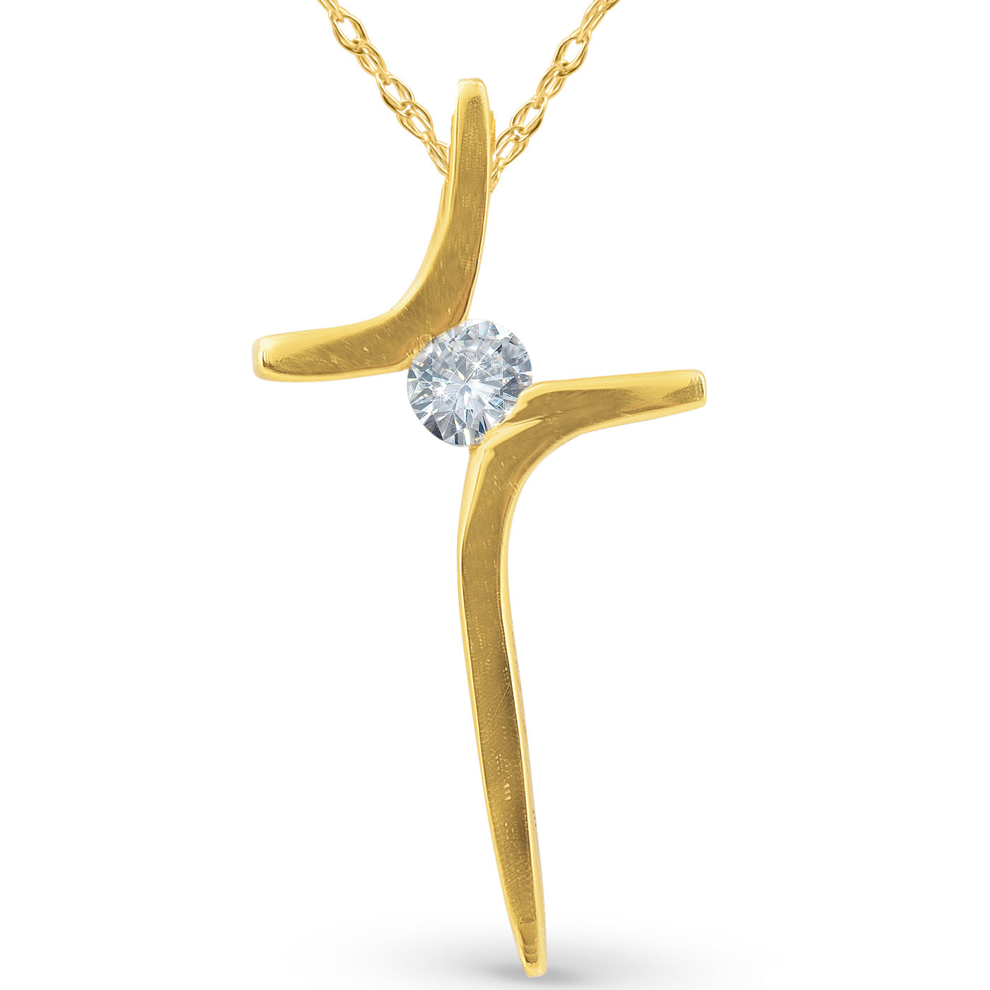Diamond Cross Pendant Round Solitaire 10K Yellow Gold 17mm tall