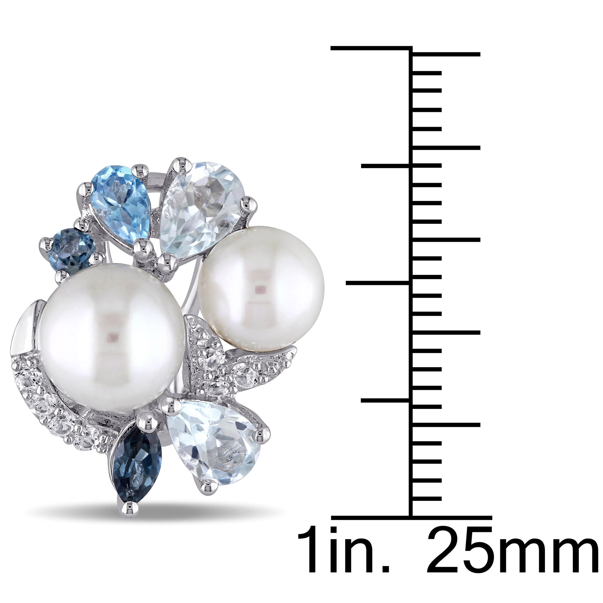 3 1/2 CT TGW Created White Sapphire, Multicolor BlueTopaz and White Cultured Freshwater Pearl Cluster Earrings in Sterling Silver