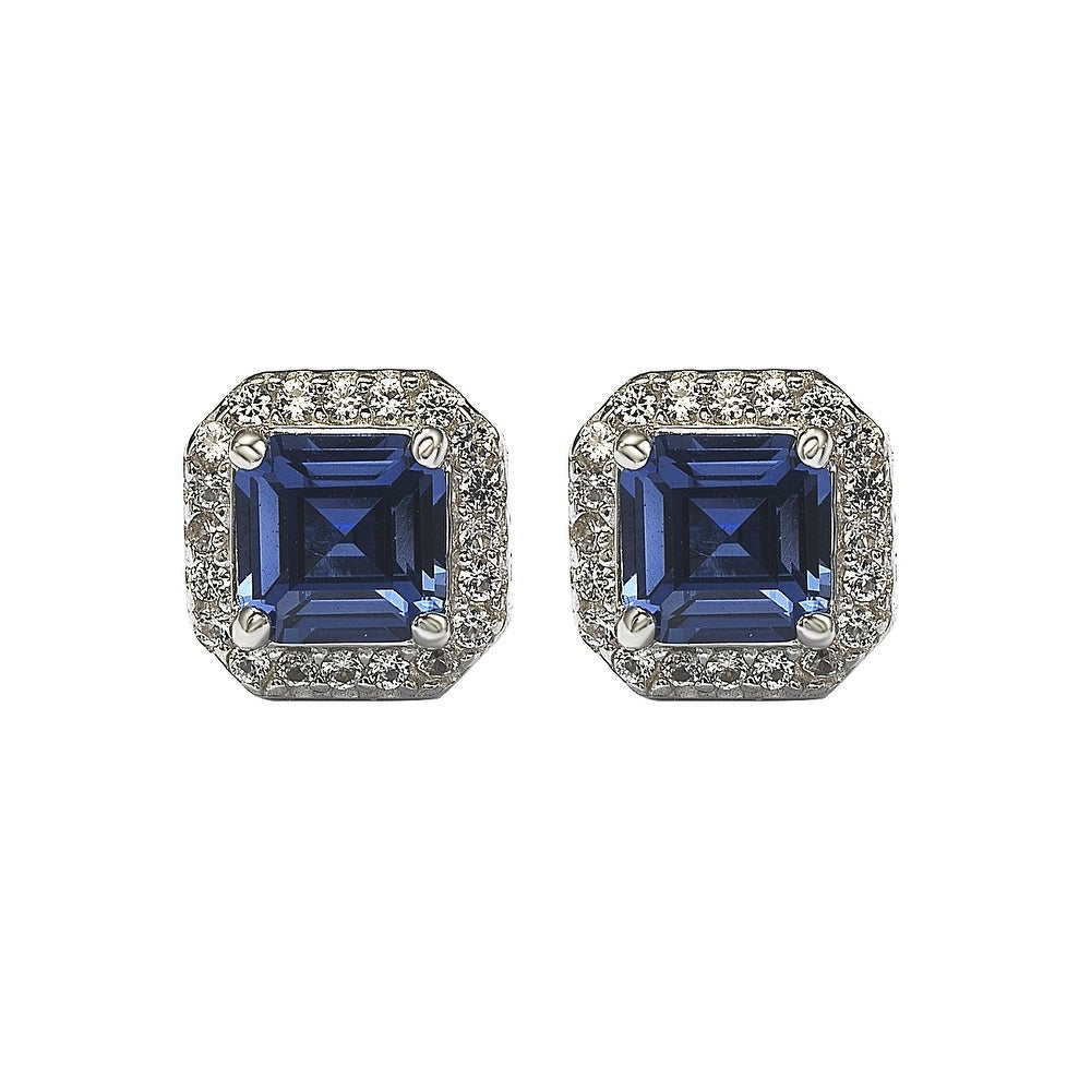 Suzy Levian Sterling Silver Assher Cut Sapphire Halo Stud Earrings