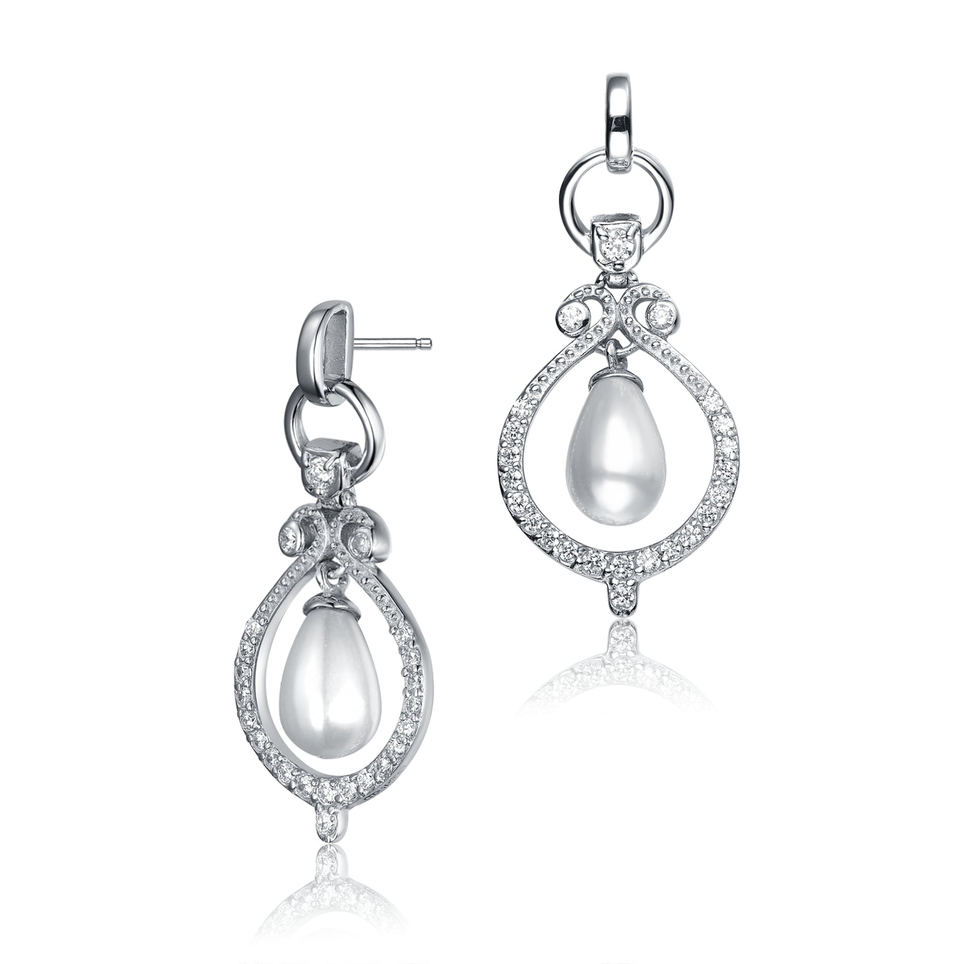 Sterling Silver Pearl and Cubic Zirconia Drop Earrings