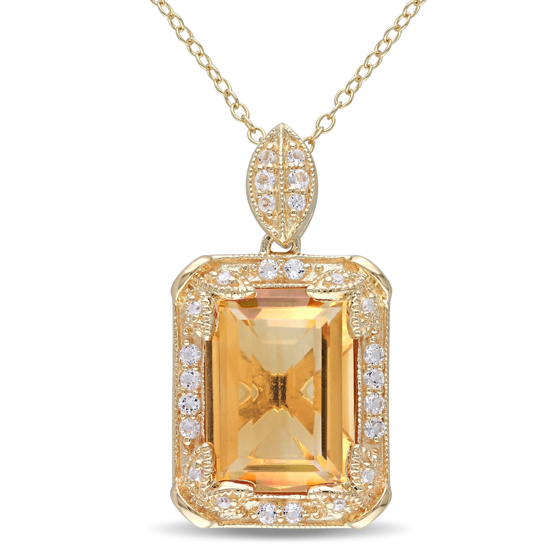 6 3/4 ct TW Emerald Cut Citrine-White Topaz and Diamond Halo Necklace in Yellow Silver