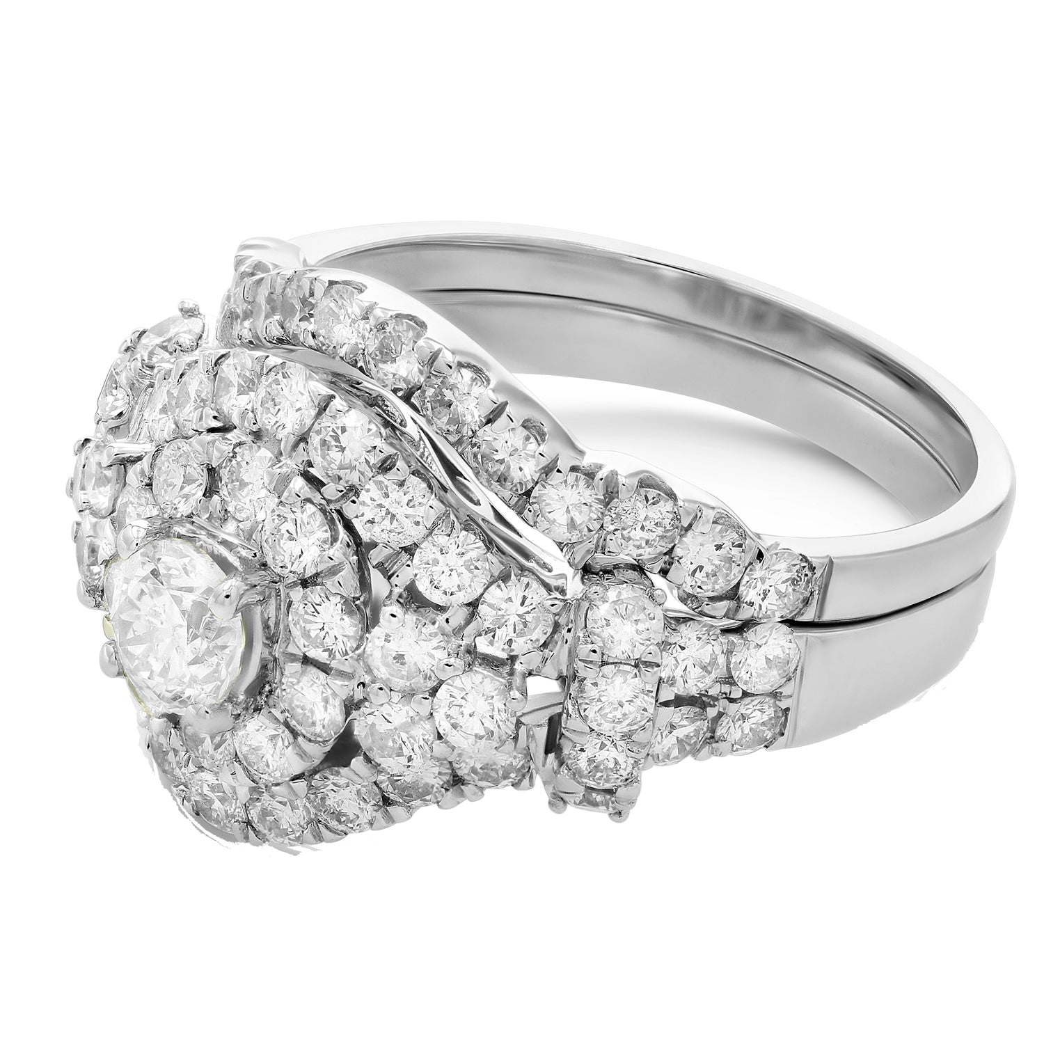 2 Cttw Diamond Wedding Engagement Ring Set 14K White Gold Cluster Bridal Design