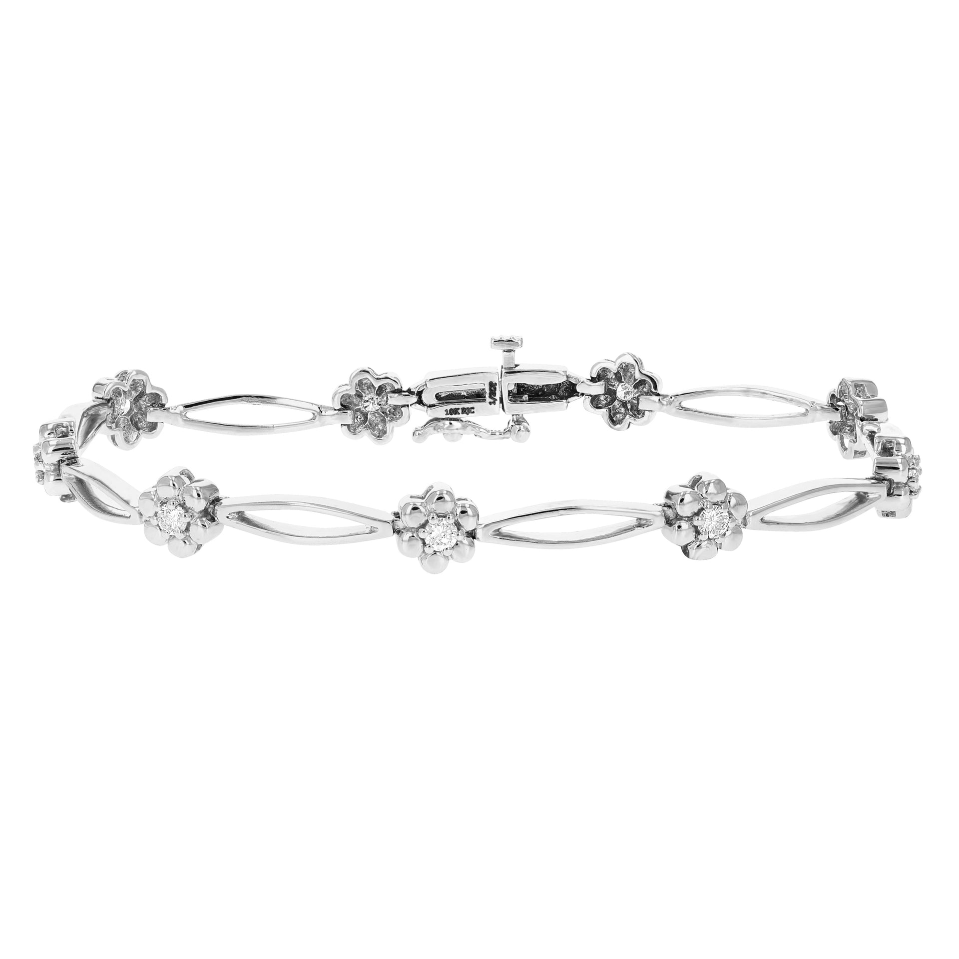 1/2 cttw SI2-I1 Diamond Bracelet 10K White Gold Flower Shape Clover 6.5 Inch