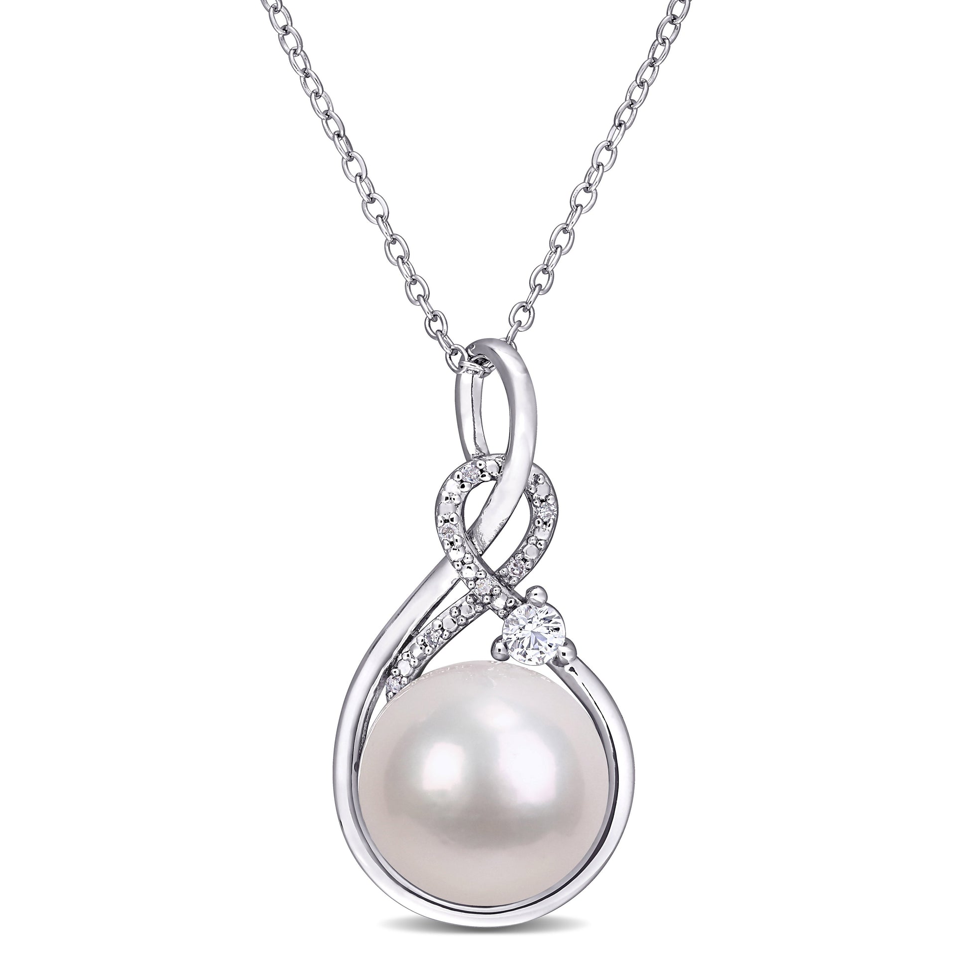 11-12mm Cultured Freshwater Pearl 1/6 ct TW Created White Sapphire and Diamond Necklace