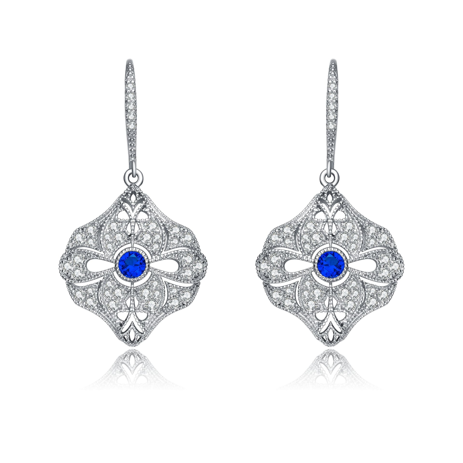 Sterling Silver Sapphire Cubic Zirconia Wreath Drop Earrings