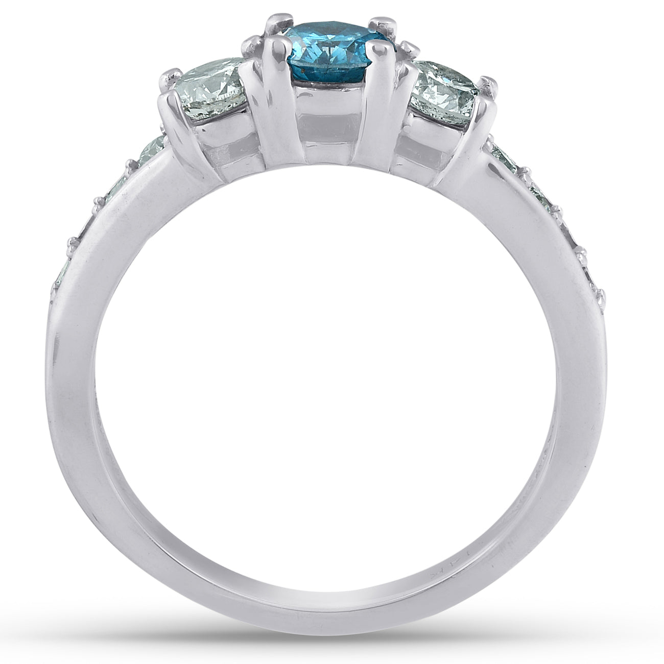 1 Carat Three Stone Blue & White Diamond Ring 14K White Gold