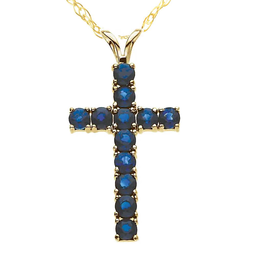 1 1/5 Ct Genuine Blue Sapphire Cross Pendant Necklace 18' Yellow Gold 1' Tall