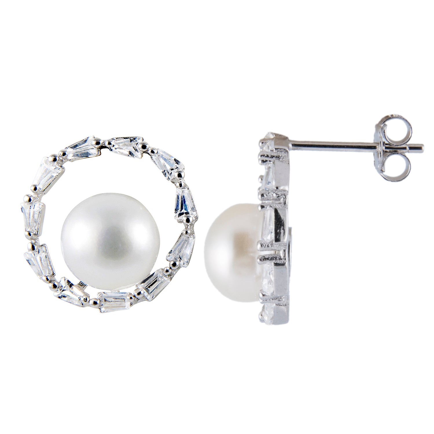 Sterling Silver 8-8.5mm Freshwater Pearl Halo Earrings
